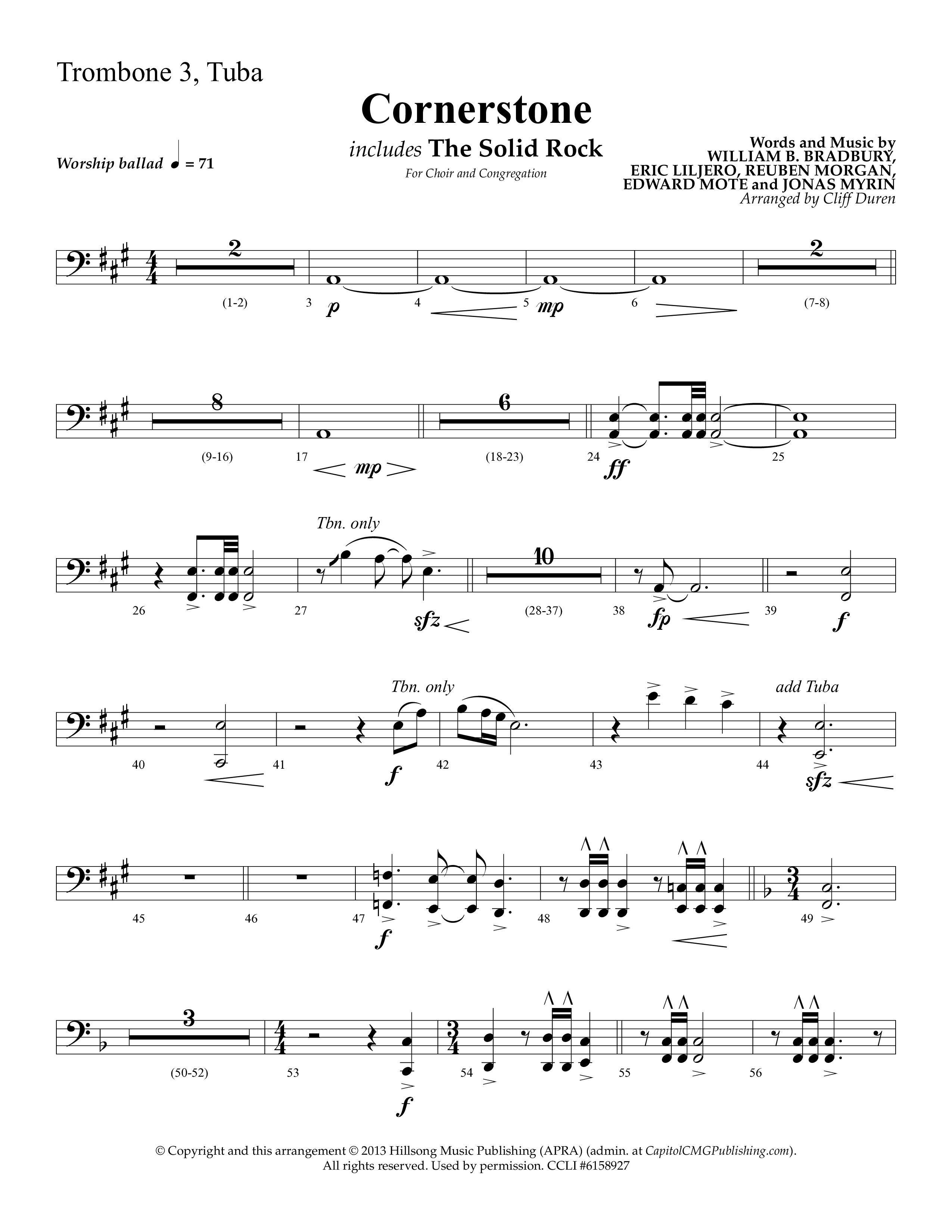 Cornerstone (with The Solid Rock) (Choral Anthem SATB) Trombone 3/Tuba (Lifeway Choral / Arr. Cliff Duren)