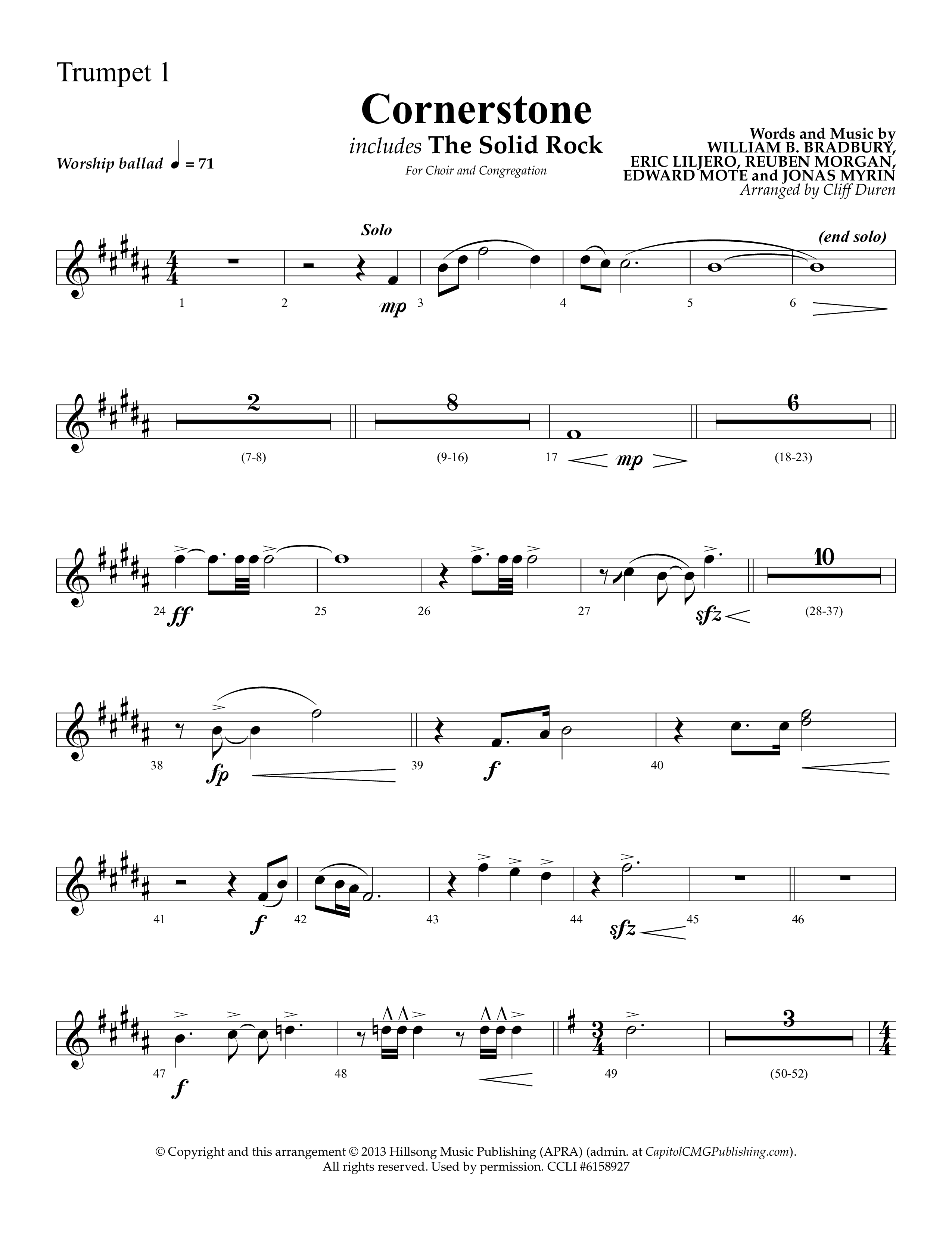 Cornerstone (with The Solid Rock) (Choral Anthem SATB) Trumpet 1 (Lifeway Choral / Arr. Cliff Duren)
