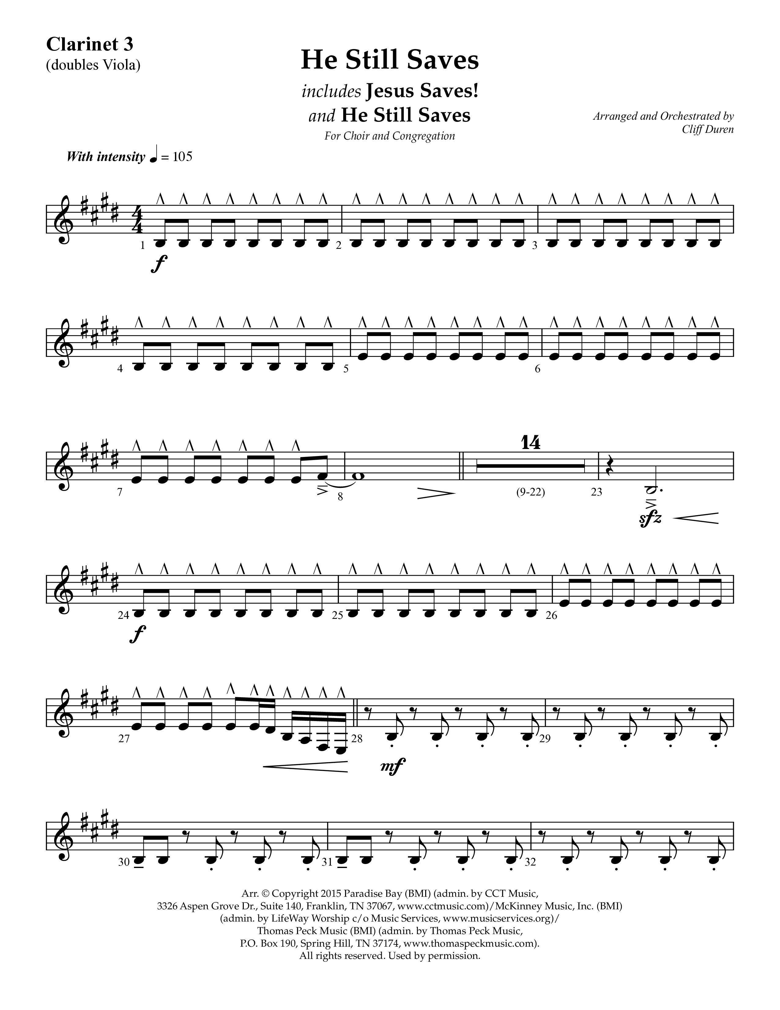 He Still Saves (with Jesus Saves) (Choral Anthem SATB) Clarinet 3 (Lifeway Choral / Arr. Cliff Duren)