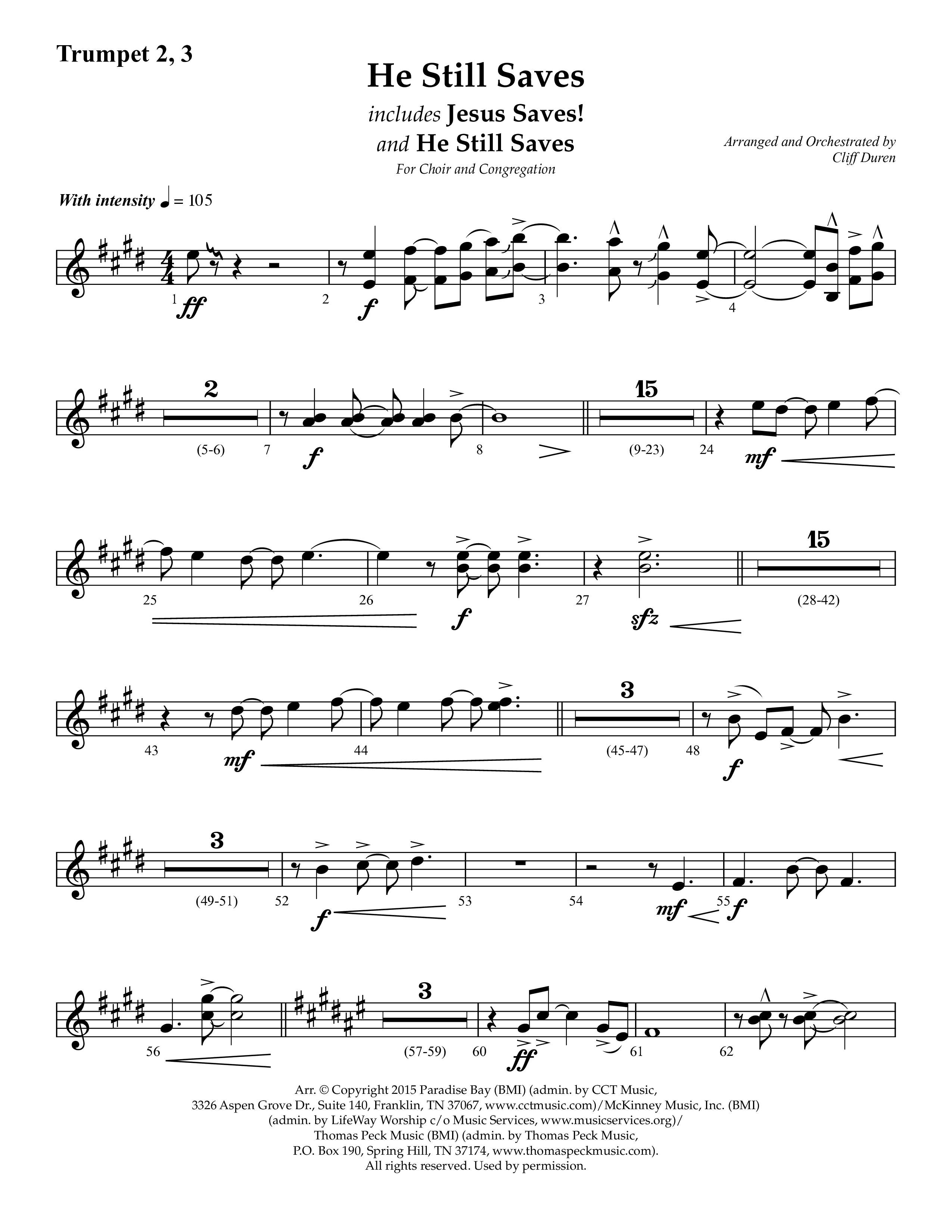 He Still Saves (with Jesus Saves) (Choral Anthem SATB) Trumpet 2/3 (Lifeway Choral / Arr. Cliff Duren)