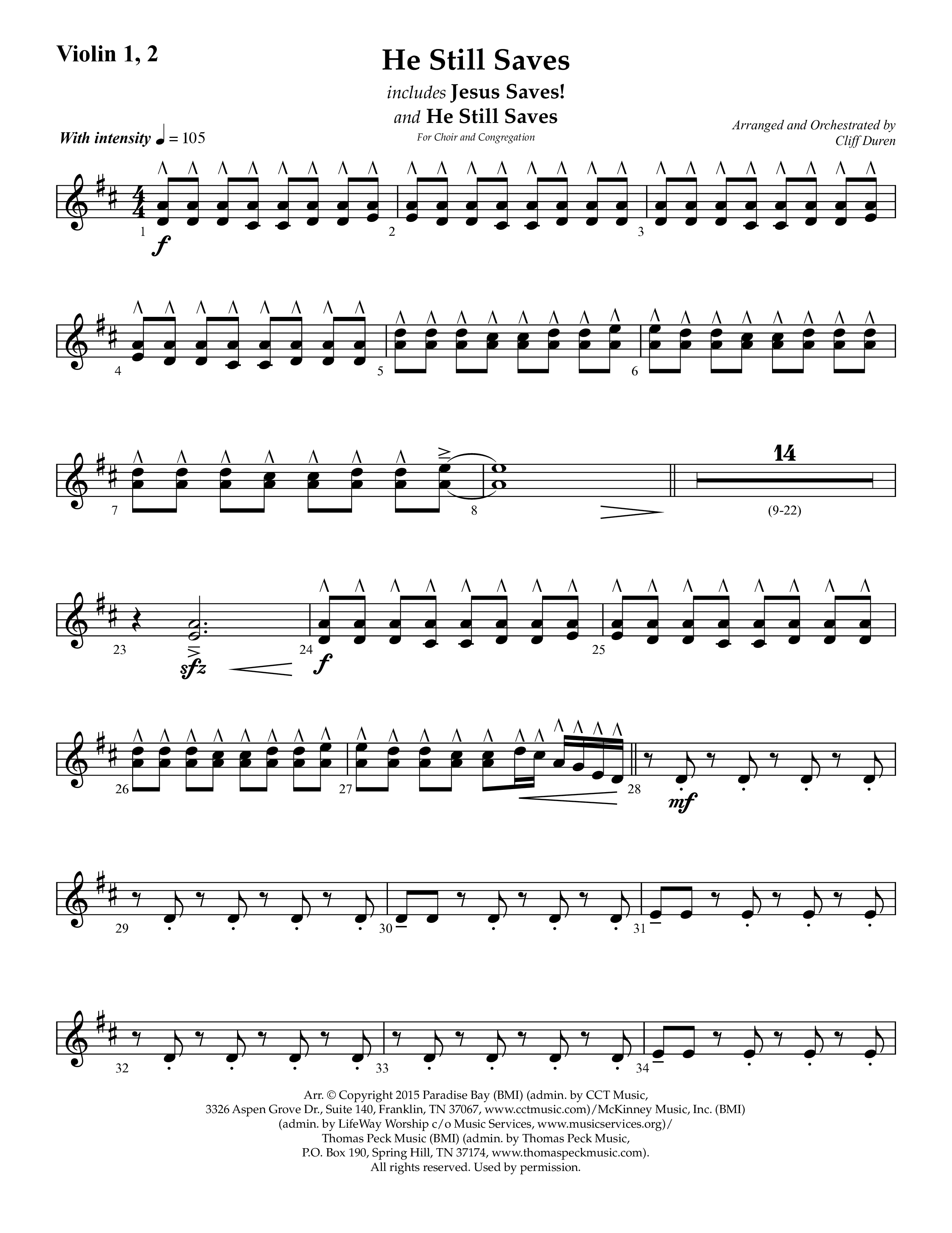 He Still Saves (with Jesus Saves) (Choral Anthem SATB) Violin 1/2 (Lifeway Choral / Arr. Cliff Duren)