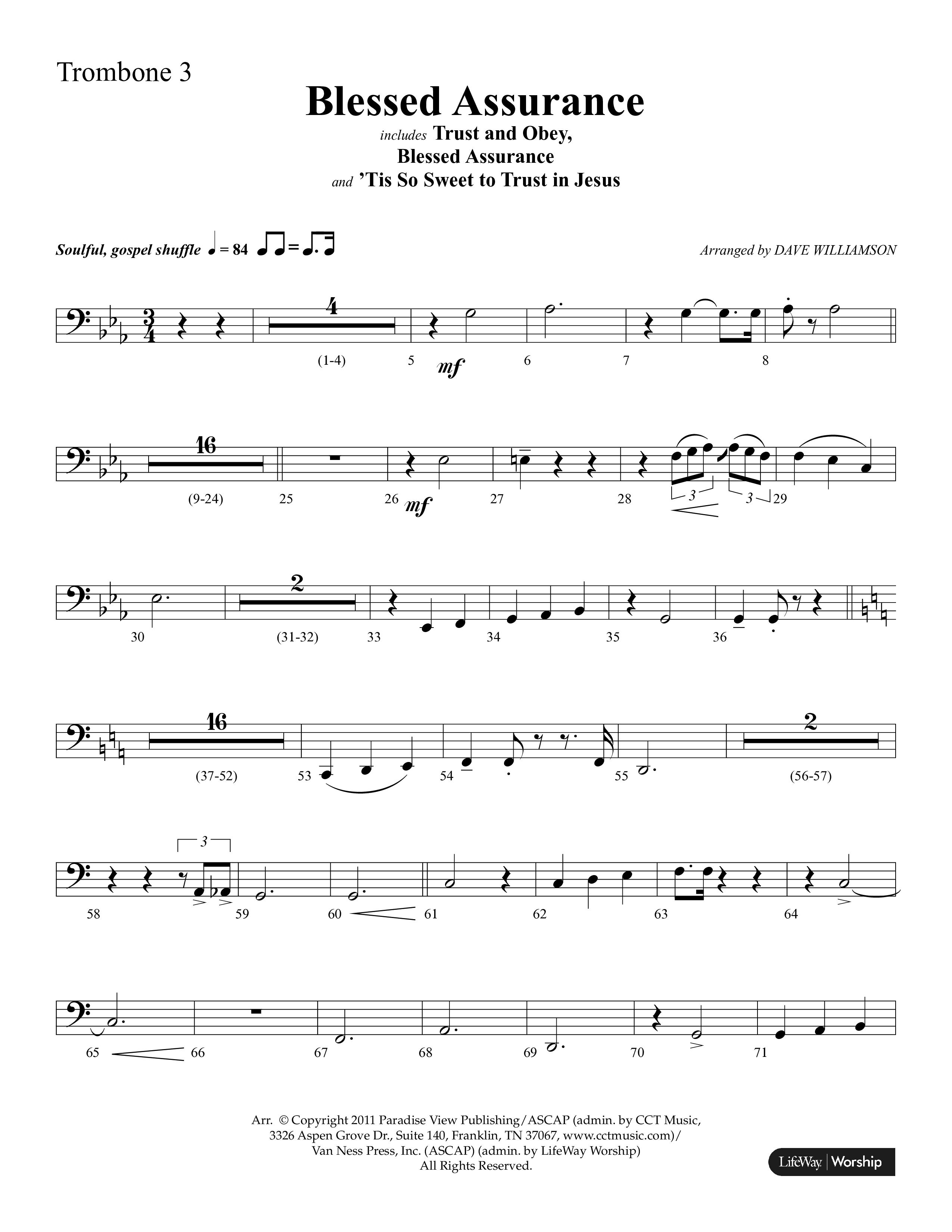 Blessed Assurance (Choral Anthem SATB) Trombone 3 (Lifeway Choral / Arr. Dave Williamson)