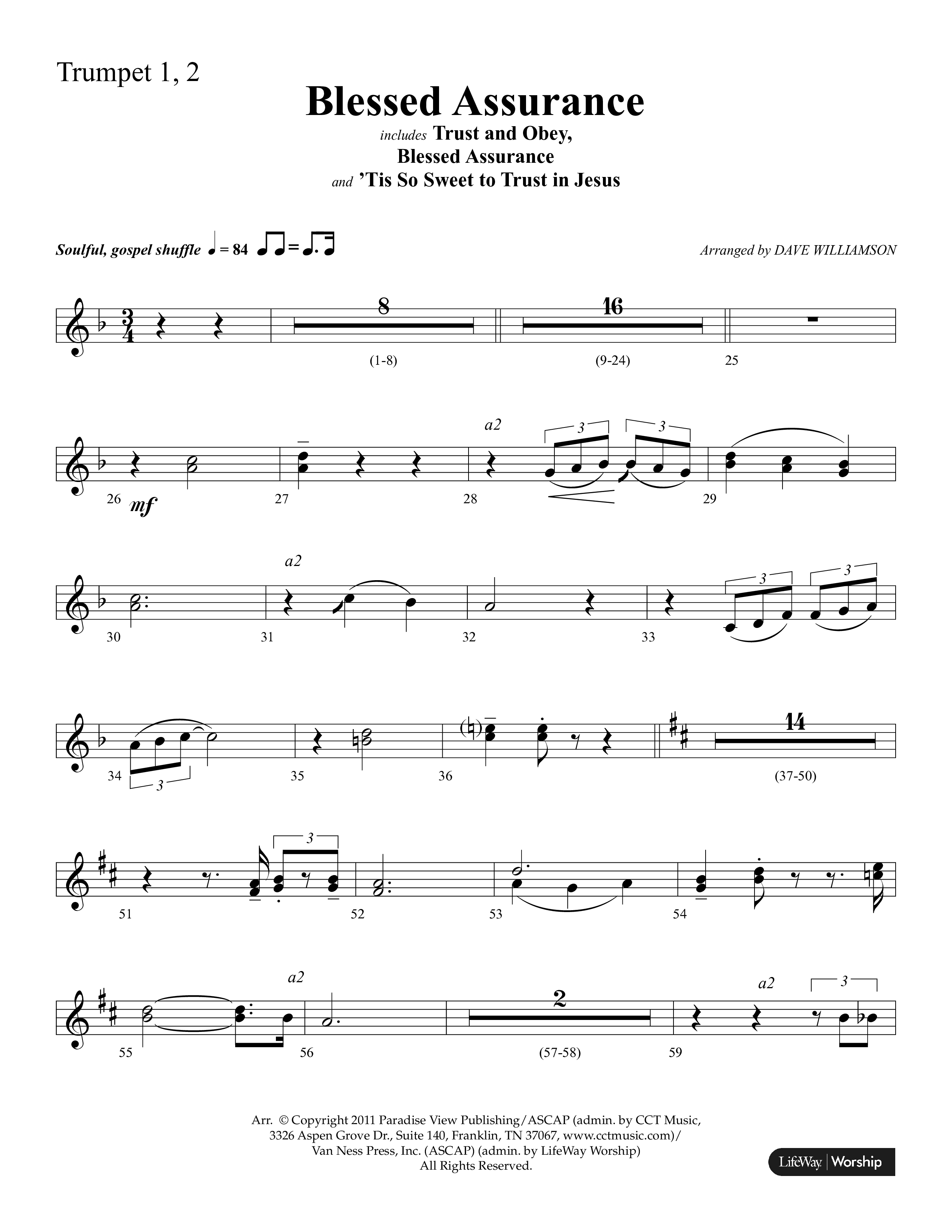 Blessed Assurance (Choral Anthem SATB) Trumpet 1,2 (Lifeway Choral / Arr. Dave Williamson)