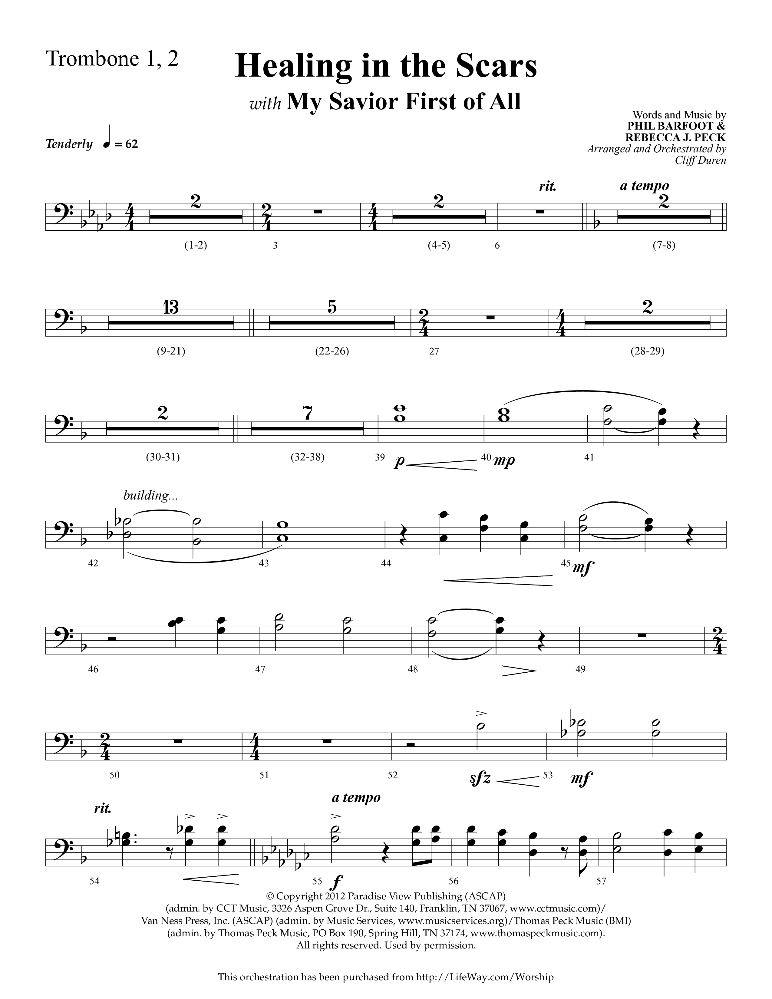 Healing In The Scars (with My Savior First Of All) (Choral Anthem SATB) Trombone 1/2 (Lifeway Choral / Arr. Cliff Duren)