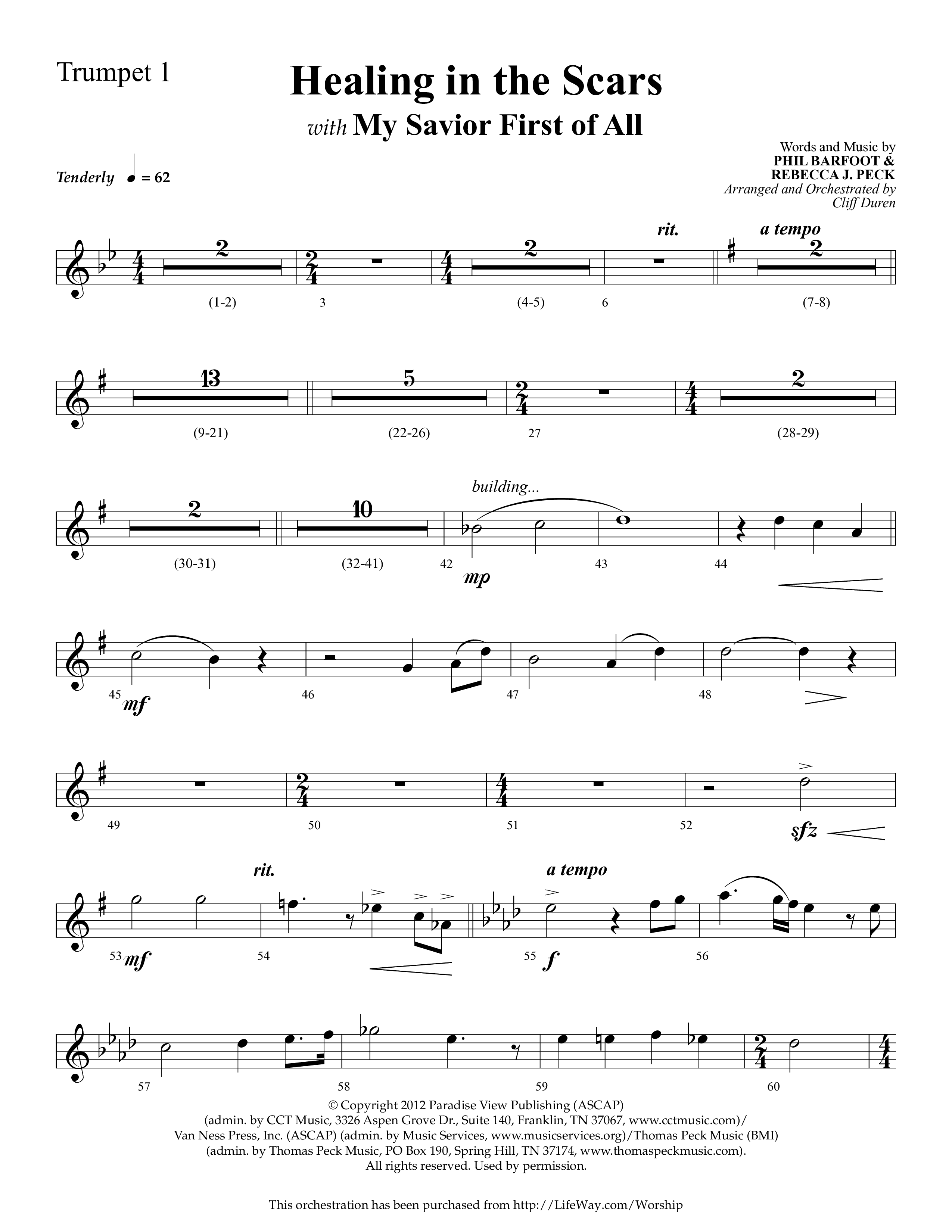 Healing In The Scars (with My Savior First Of All) (Choral Anthem SATB) Trumpet 1 (Lifeway Choral / Arr. Cliff Duren)