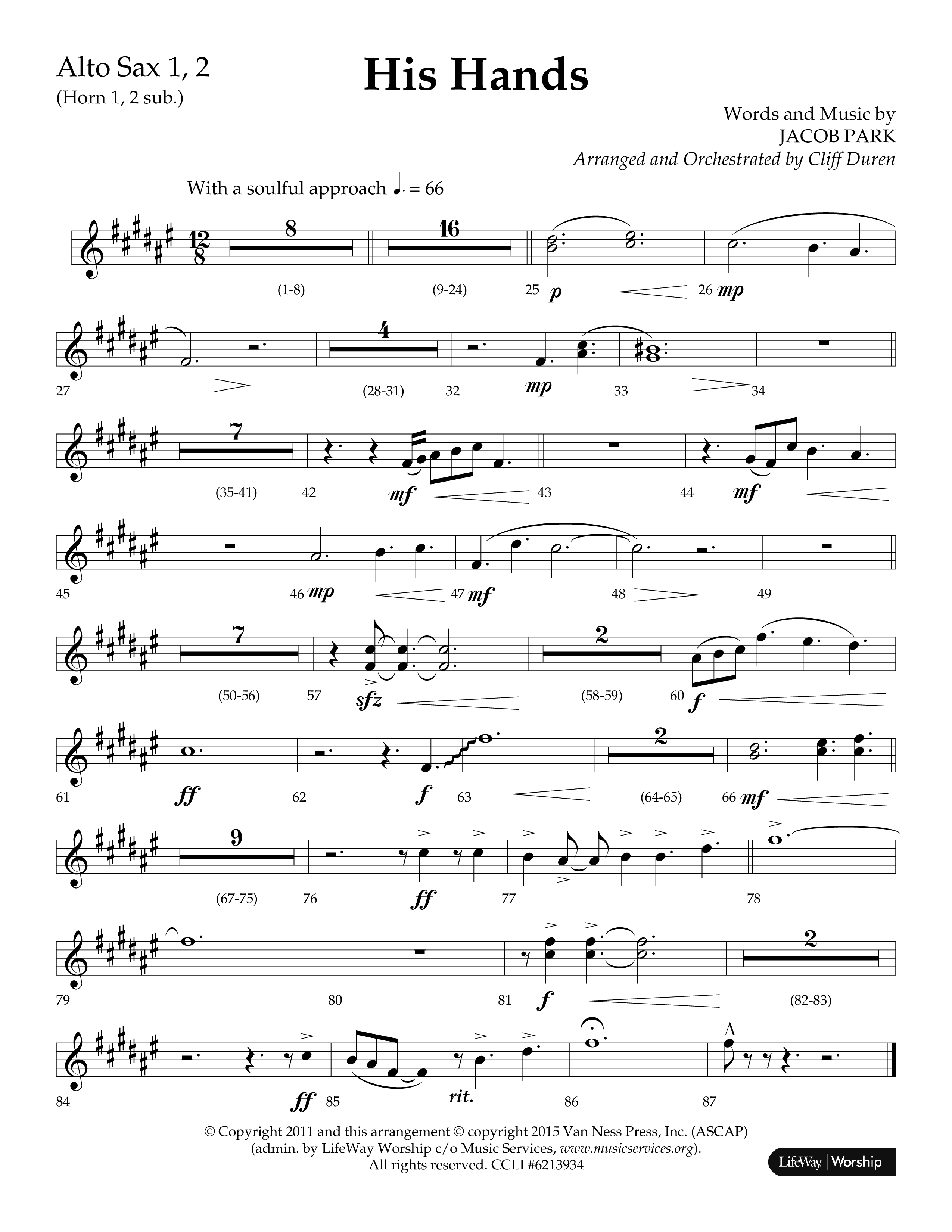 His Hands (Choral Anthem SATB) Alto Sax 1/2 (Lifeway Choral / Arr. Cliff Duren)