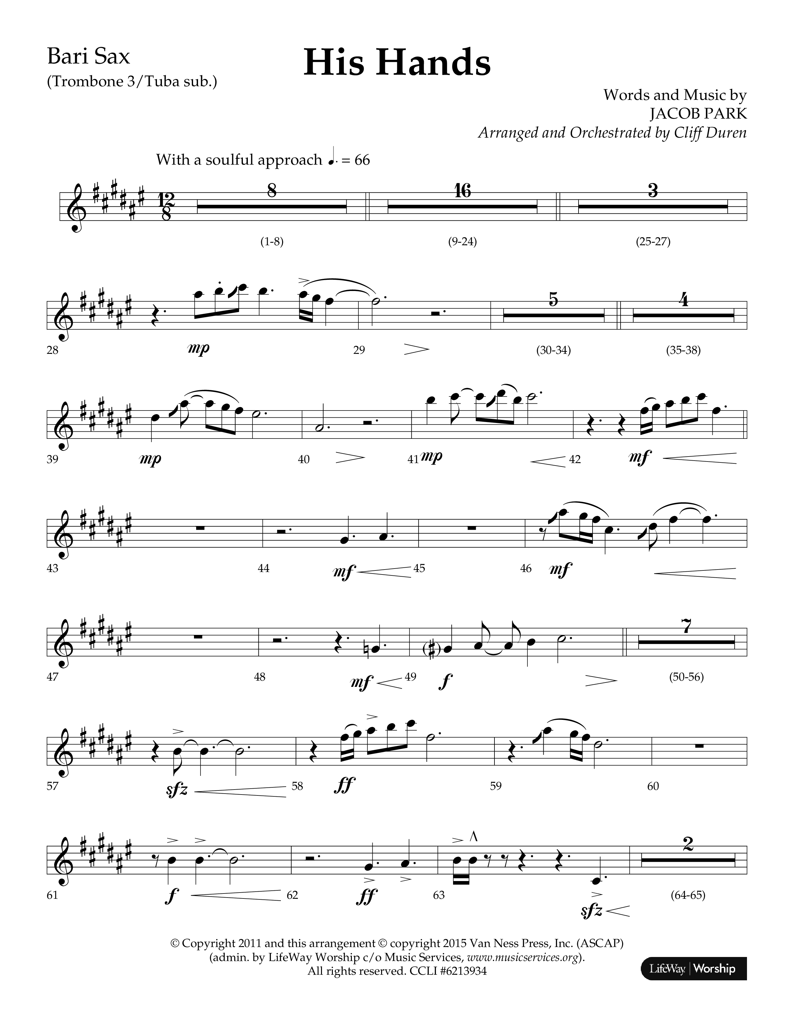 His Hands (Choral Anthem SATB) Bari Sax (Lifeway Choral / Arr. Cliff Duren)