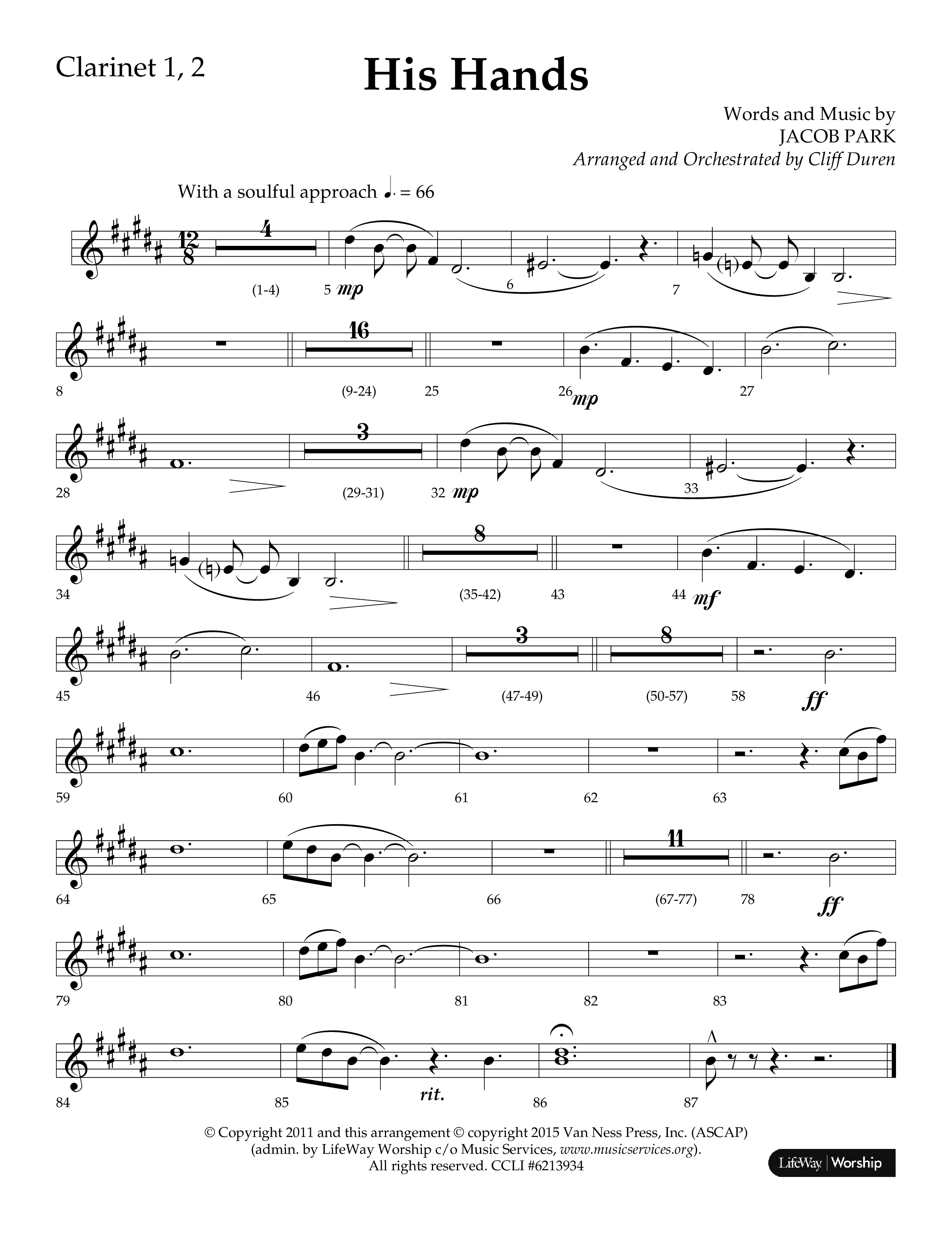 His Hands (Choral Anthem SATB) Clarinet 1/2 (Lifeway Choral / Arr. Cliff Duren)