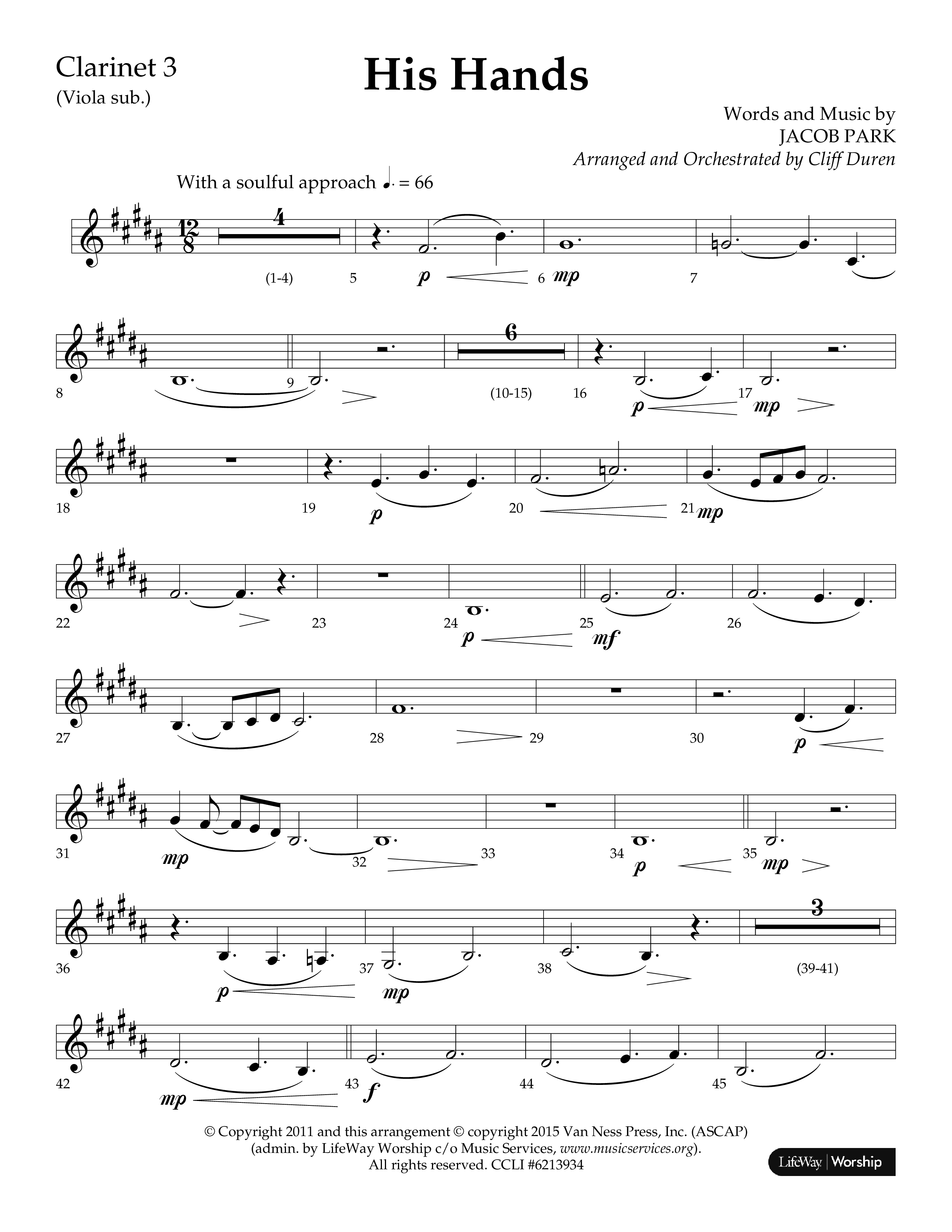 His Hands (Choral Anthem SATB) Clarinet 3 (Lifeway Choral / Arr. Cliff Duren)