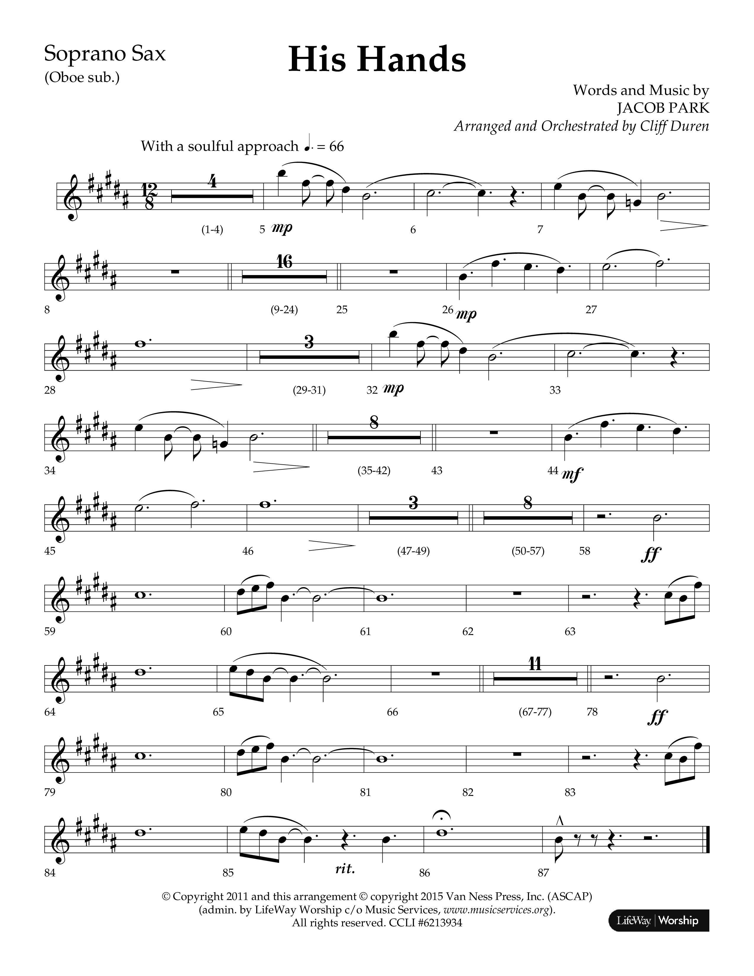 His Hands (Choral Anthem SATB) Soprano Sax (Lifeway Choral / Arr. Cliff Duren)