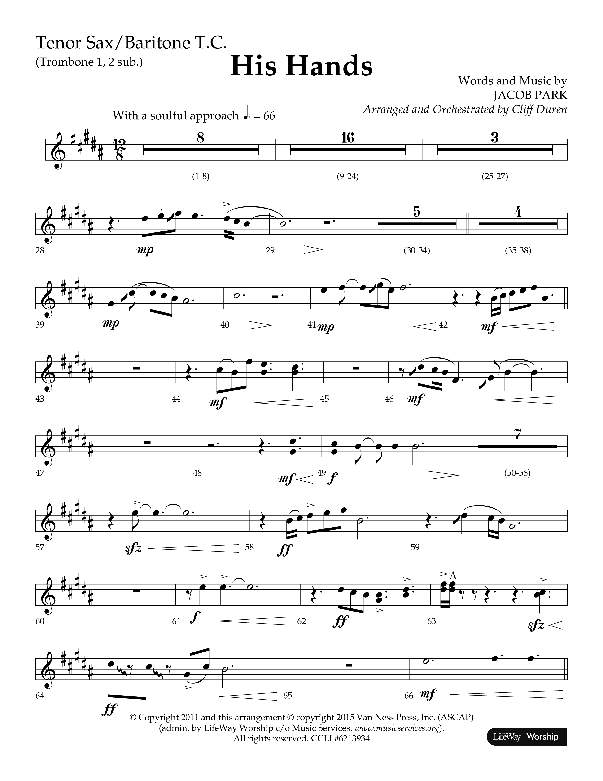 His Hands (Choral Anthem SATB) Tenor Sax/Baritone T.C. (Lifeway Choral / Arr. Cliff Duren)
