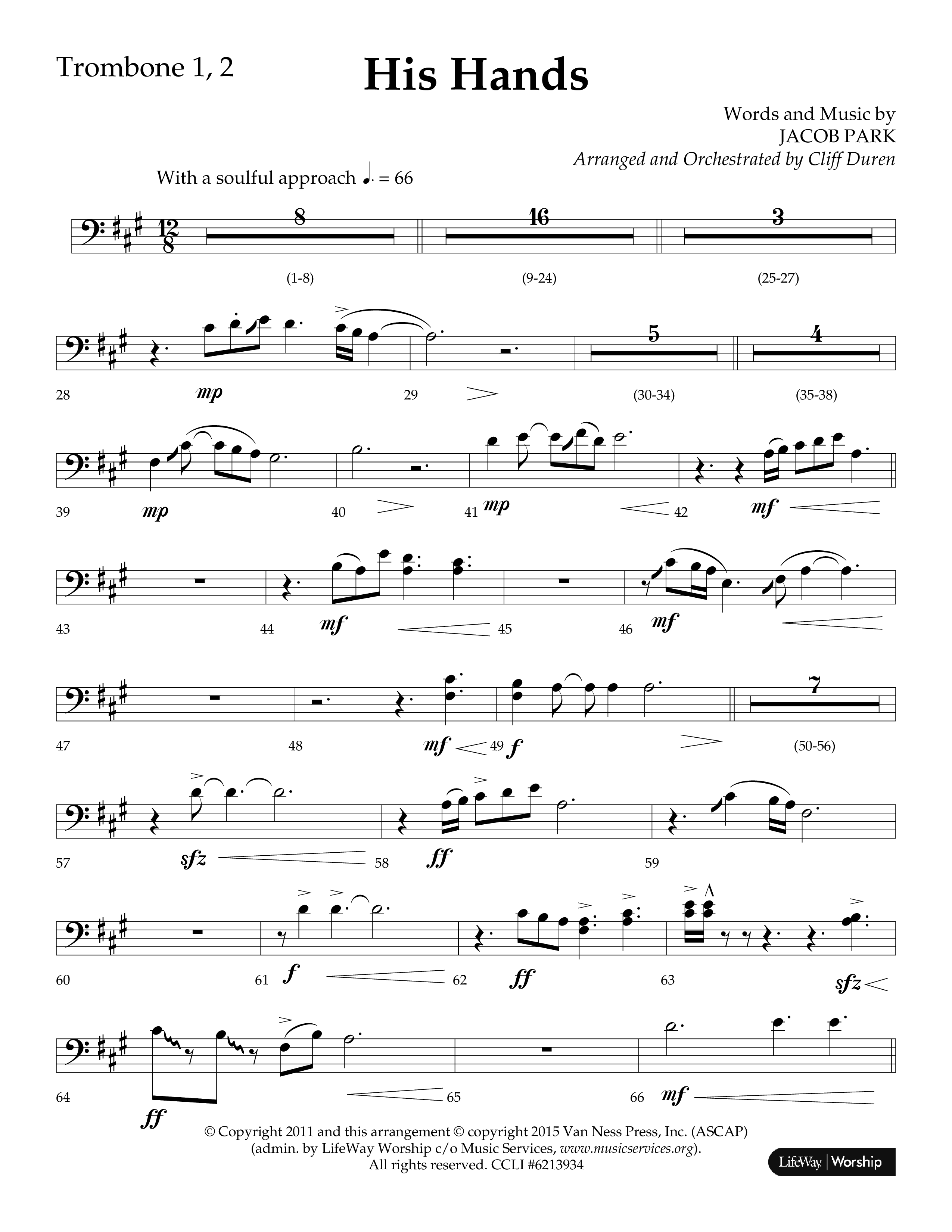 His Hands (Choral Anthem SATB) Trombone 1/2 (Lifeway Choral / Arr. Cliff Duren)