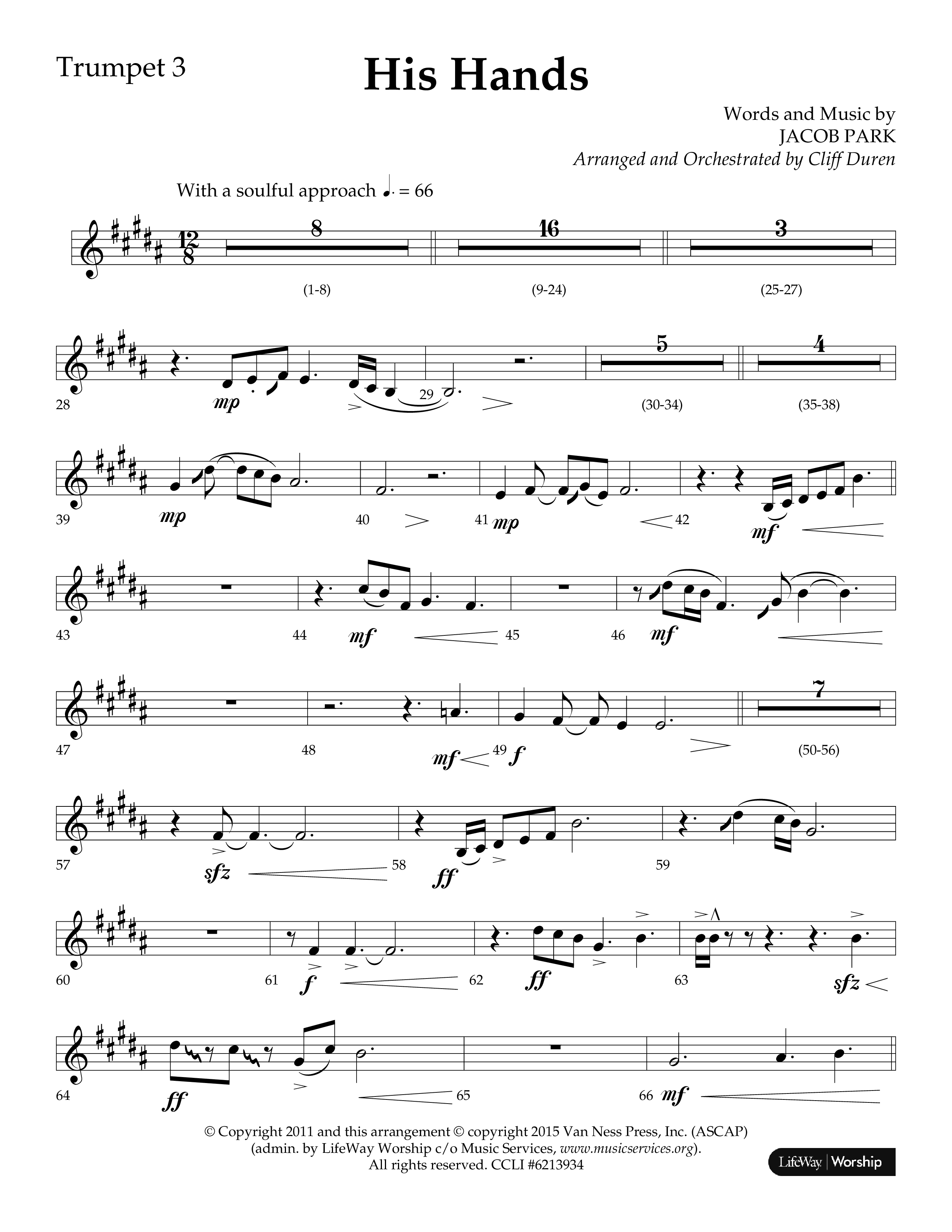His Hands (Choral Anthem SATB) Trumpet 3 (Lifeway Choral / Arr. Cliff Duren)