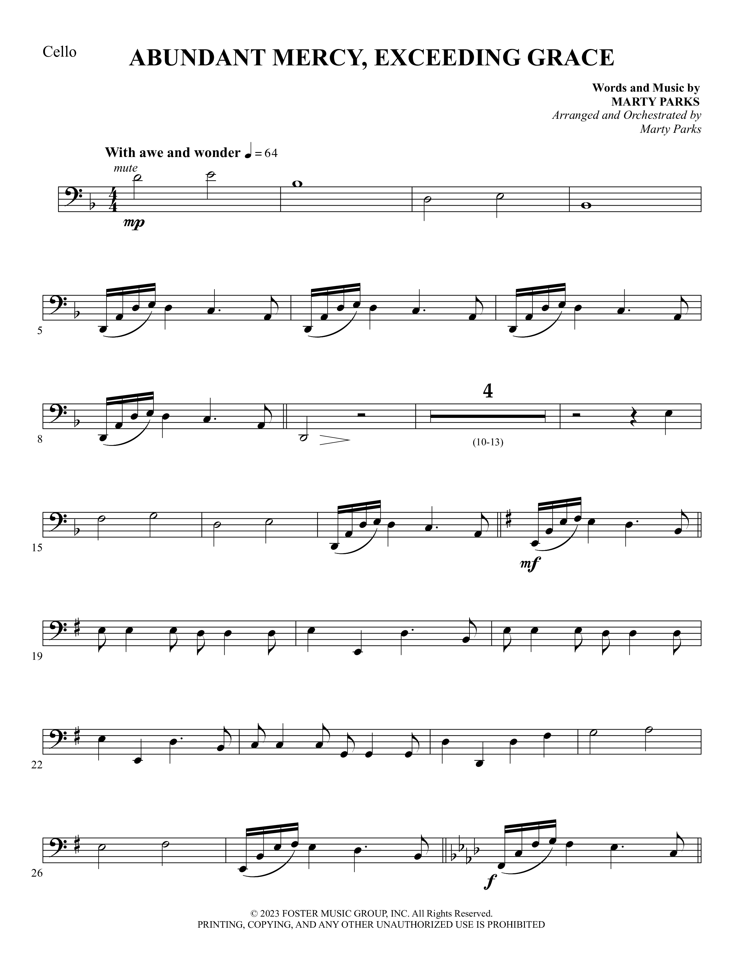 Abundant Mercy Exceeding Grace (Choral Anthem SATB) Cello (Foster Music Group / Arr. Marty Parks)