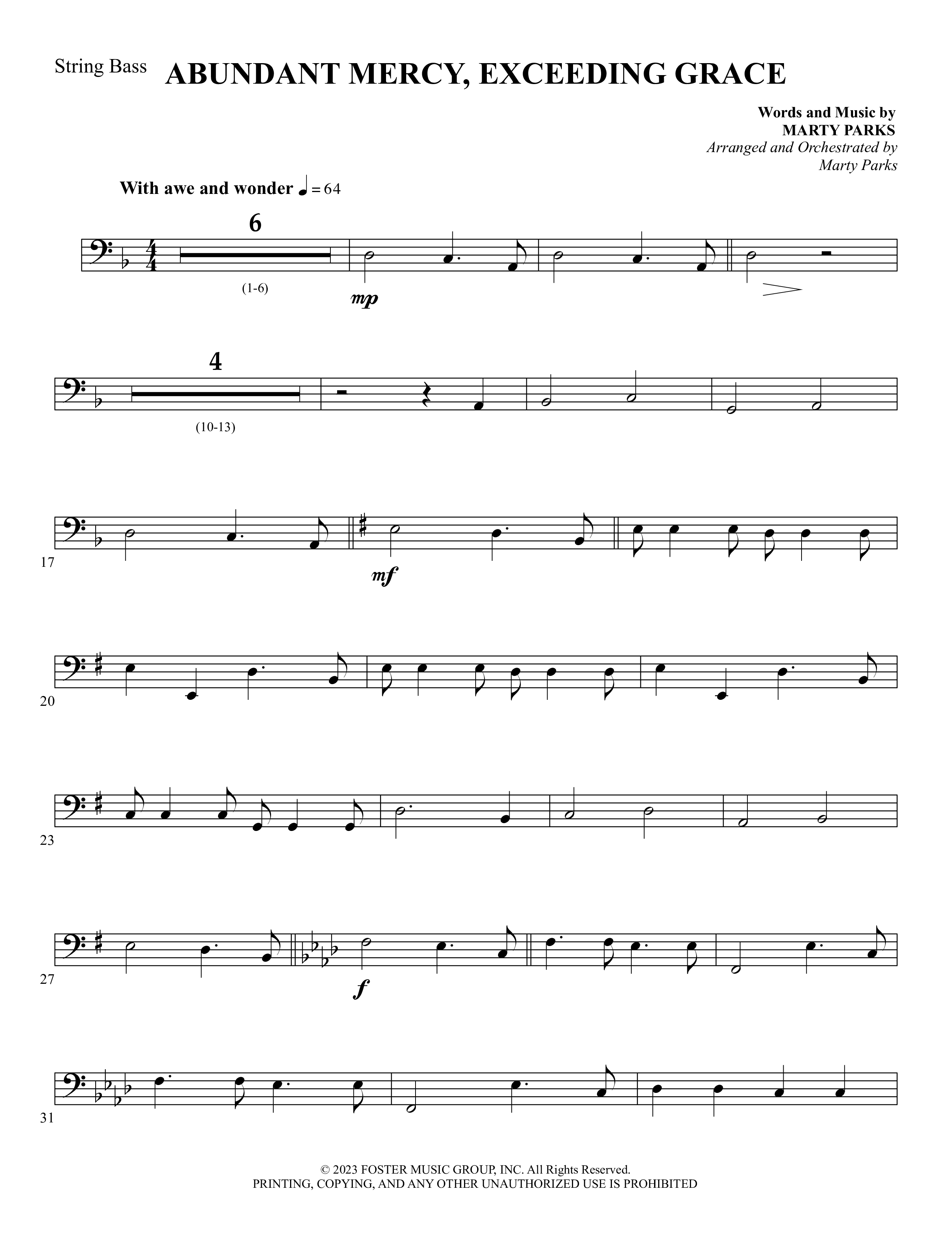 Abundant Mercy Exceeding Grace (Choral Anthem SATB) String Bass (Foster Music Group / Arr. Marty Parks)