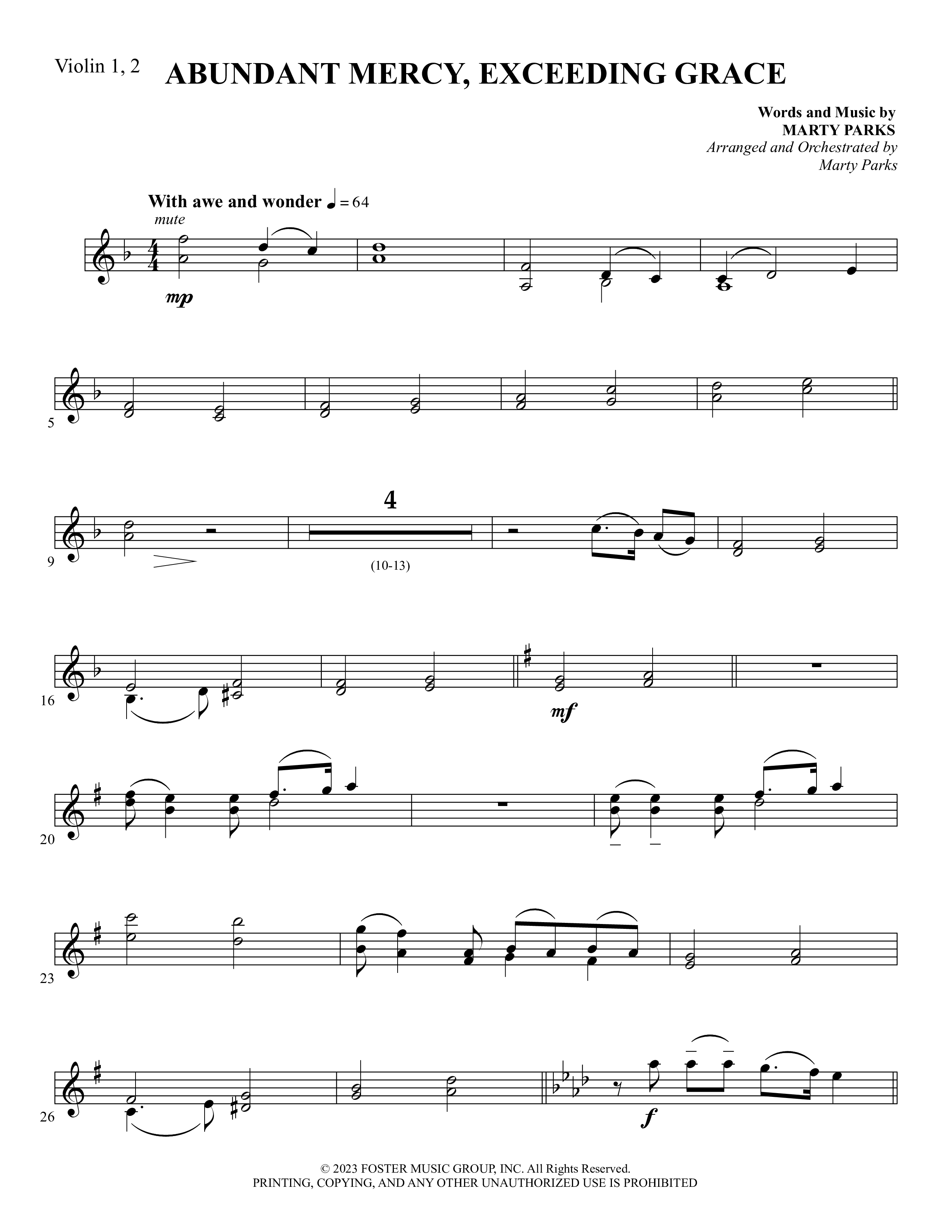 Abundant Mercy Exceeding Grace (Choral Anthem SATB) Violin 1/2 (Foster Music Group / Arr. Marty Parks)