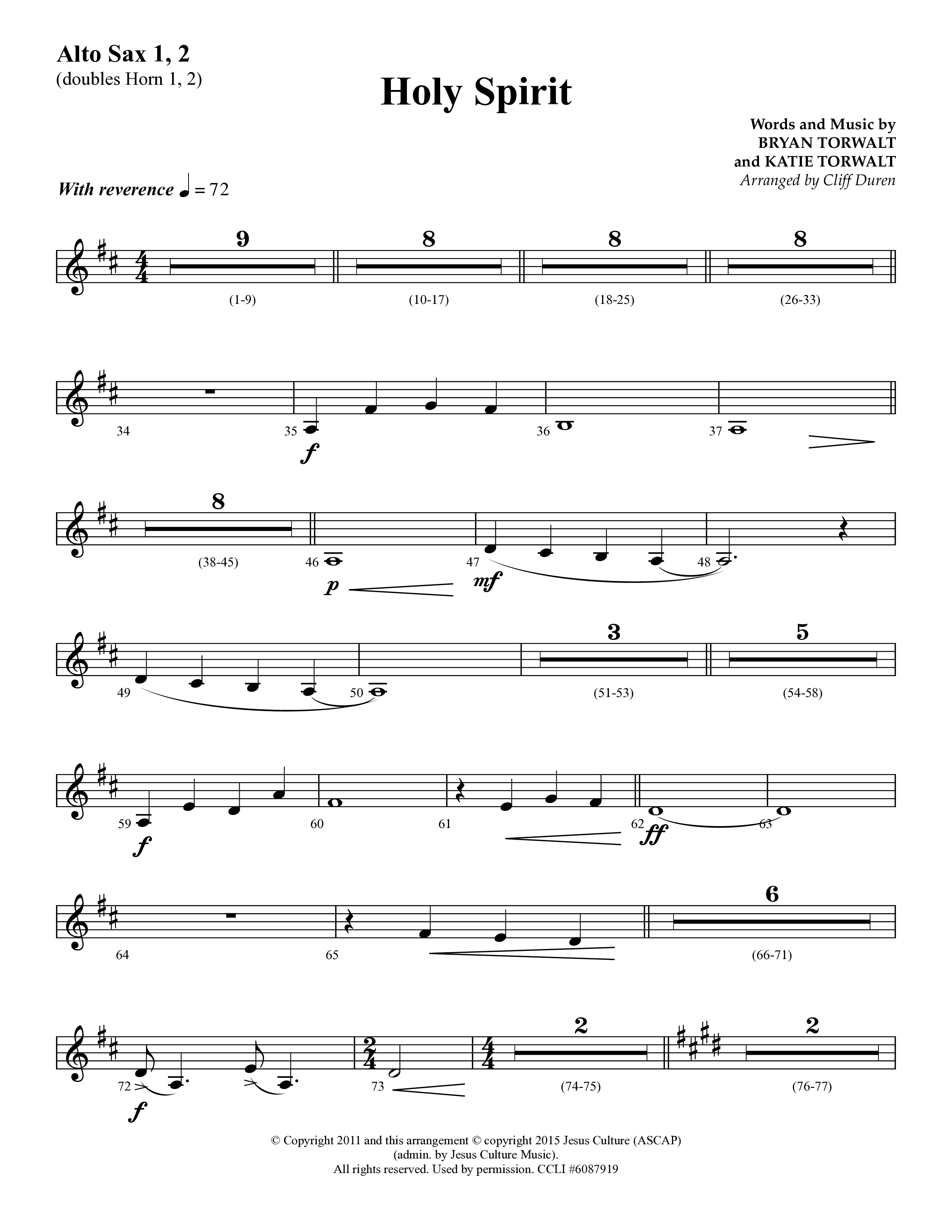 Holy Spirit  (Choral Anthem SATB) Alto Sax 1/2 (Lifeway Choral / Arr. Cliff Duren)