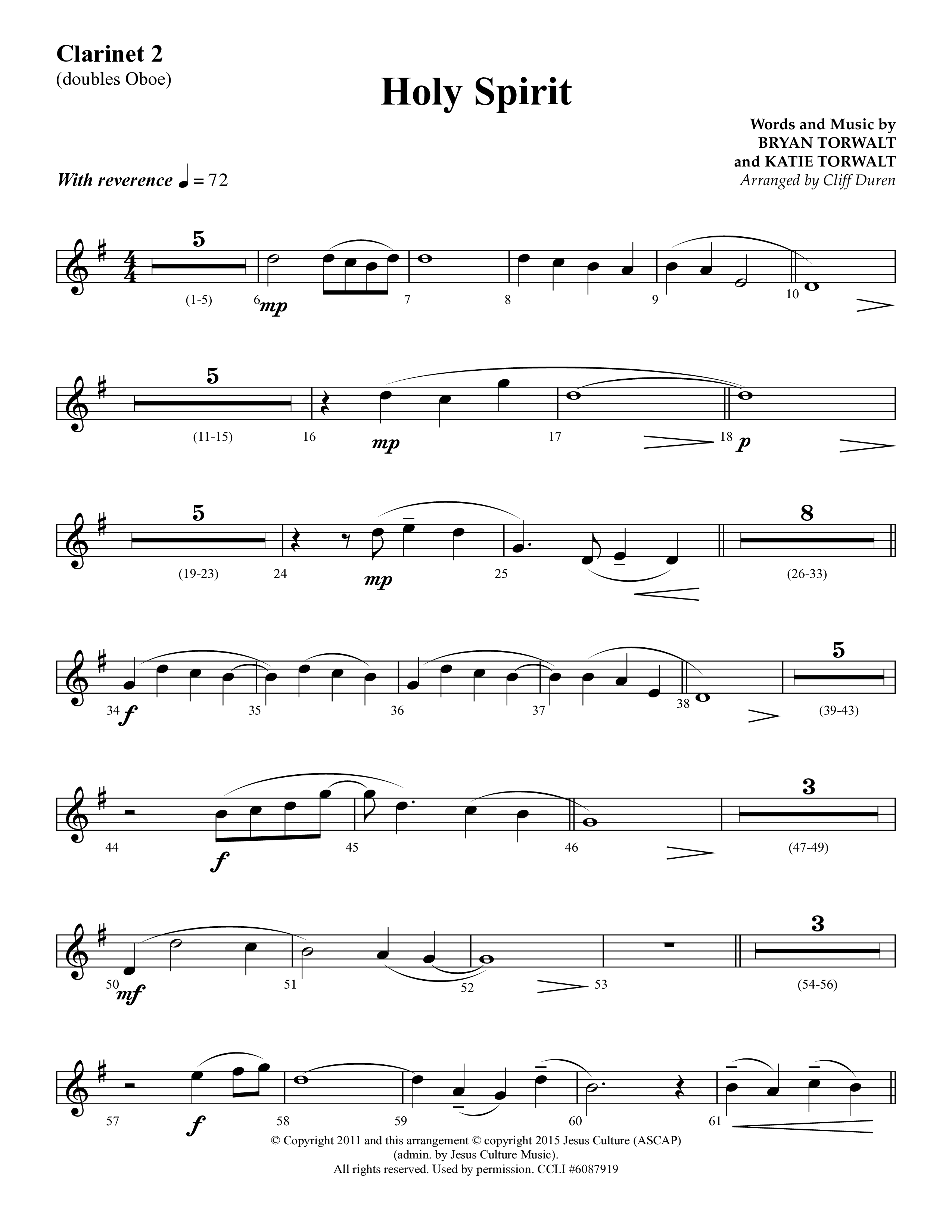 Holy Spirit  (Choral Anthem SATB) Clarinet 1/2 (Lifeway Choral / Arr. Cliff Duren)