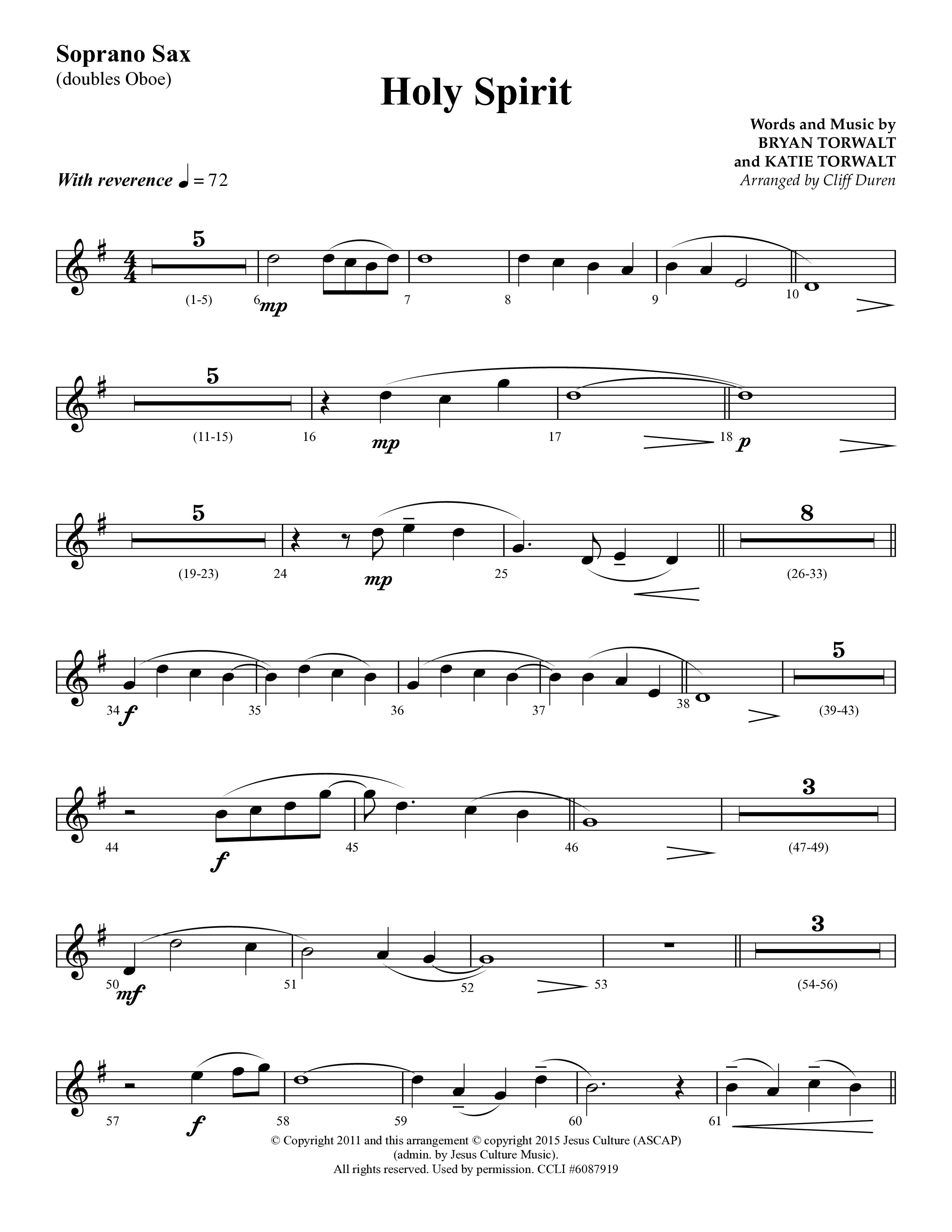 Holy Spirit  (Choral Anthem SATB) Soprano Sax (Lifeway Choral / Arr. Cliff Duren)