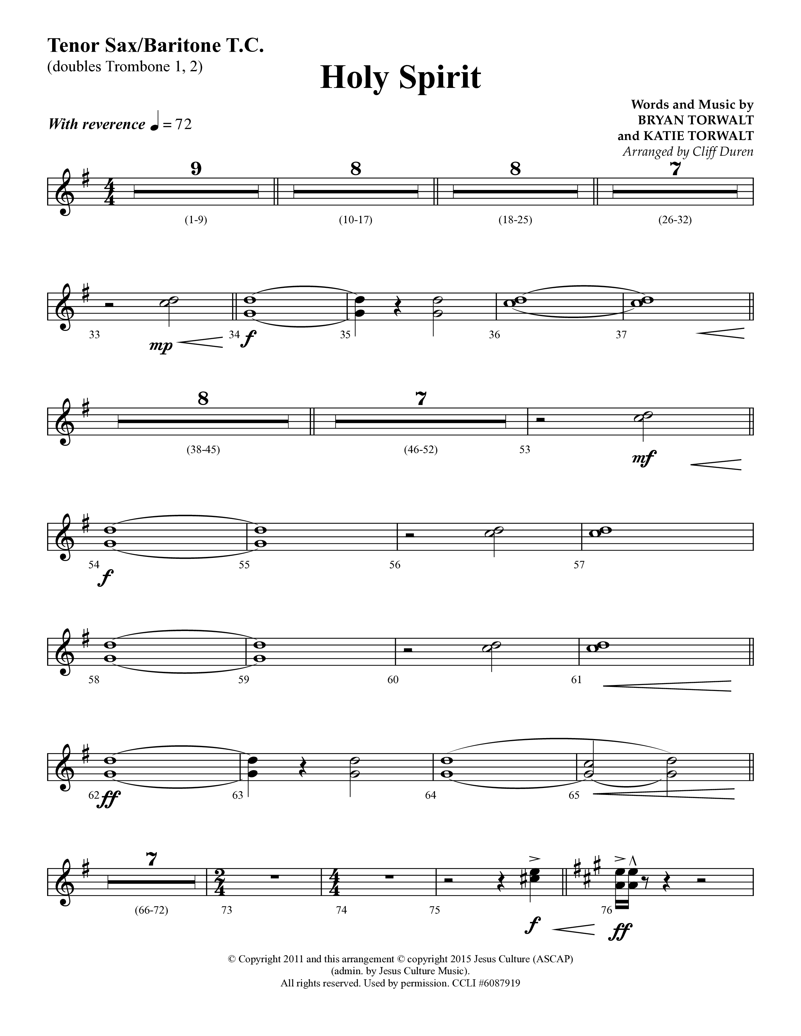 Holy Spirit  (Choral Anthem SATB) Tenor Sax/Baritone T.C. (Lifeway Choral / Arr. Cliff Duren)
