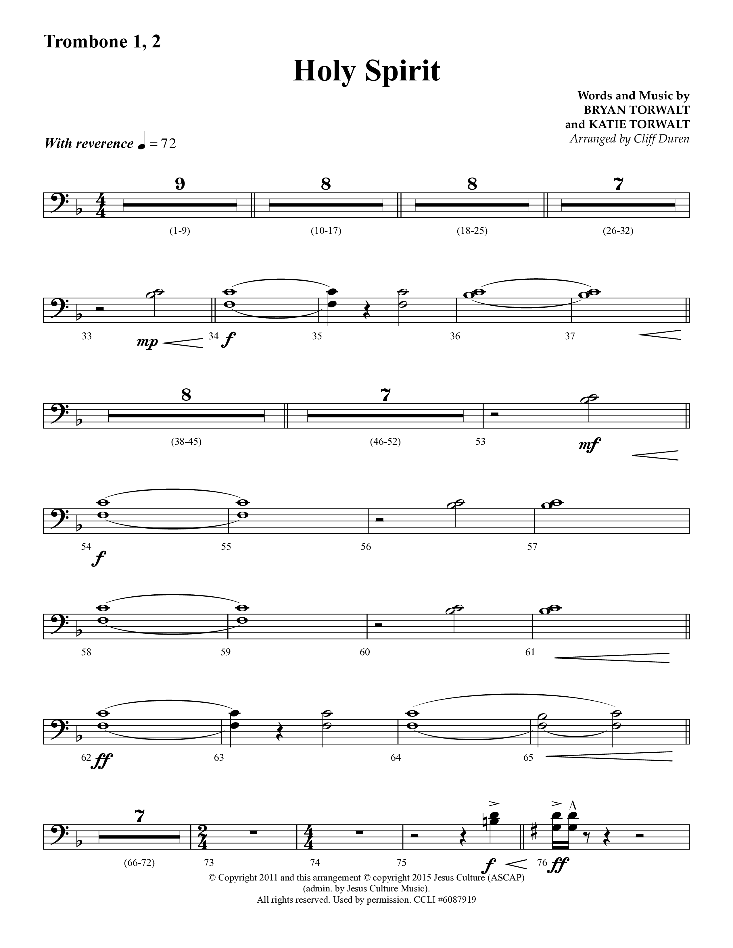 Holy Spirit  (Choral Anthem SATB) Trombone 1/2 (Lifeway Choral / Arr. Cliff Duren)