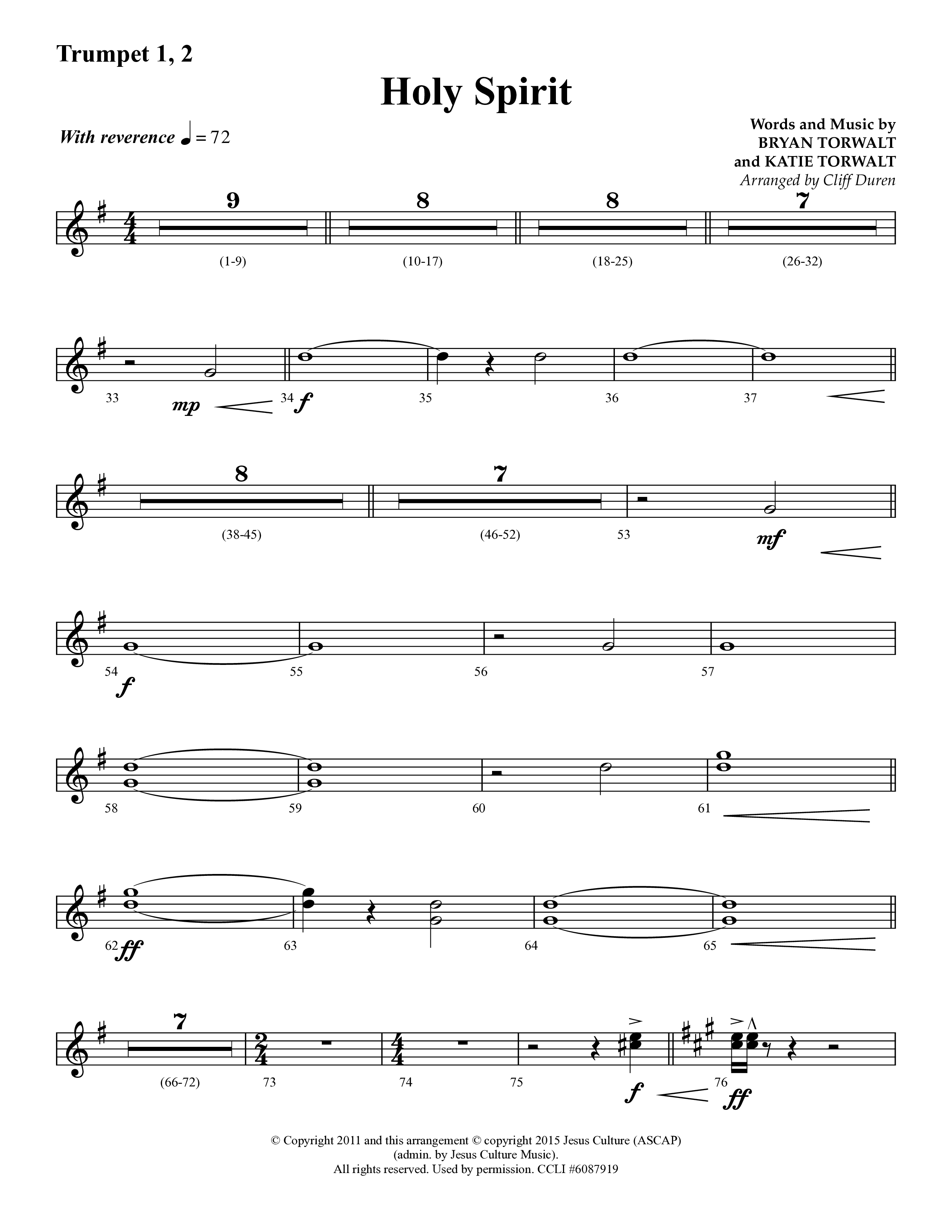Holy Spirit  (Choral Anthem SATB) Trumpet 1,2 (Lifeway Choral / Arr. Cliff Duren)