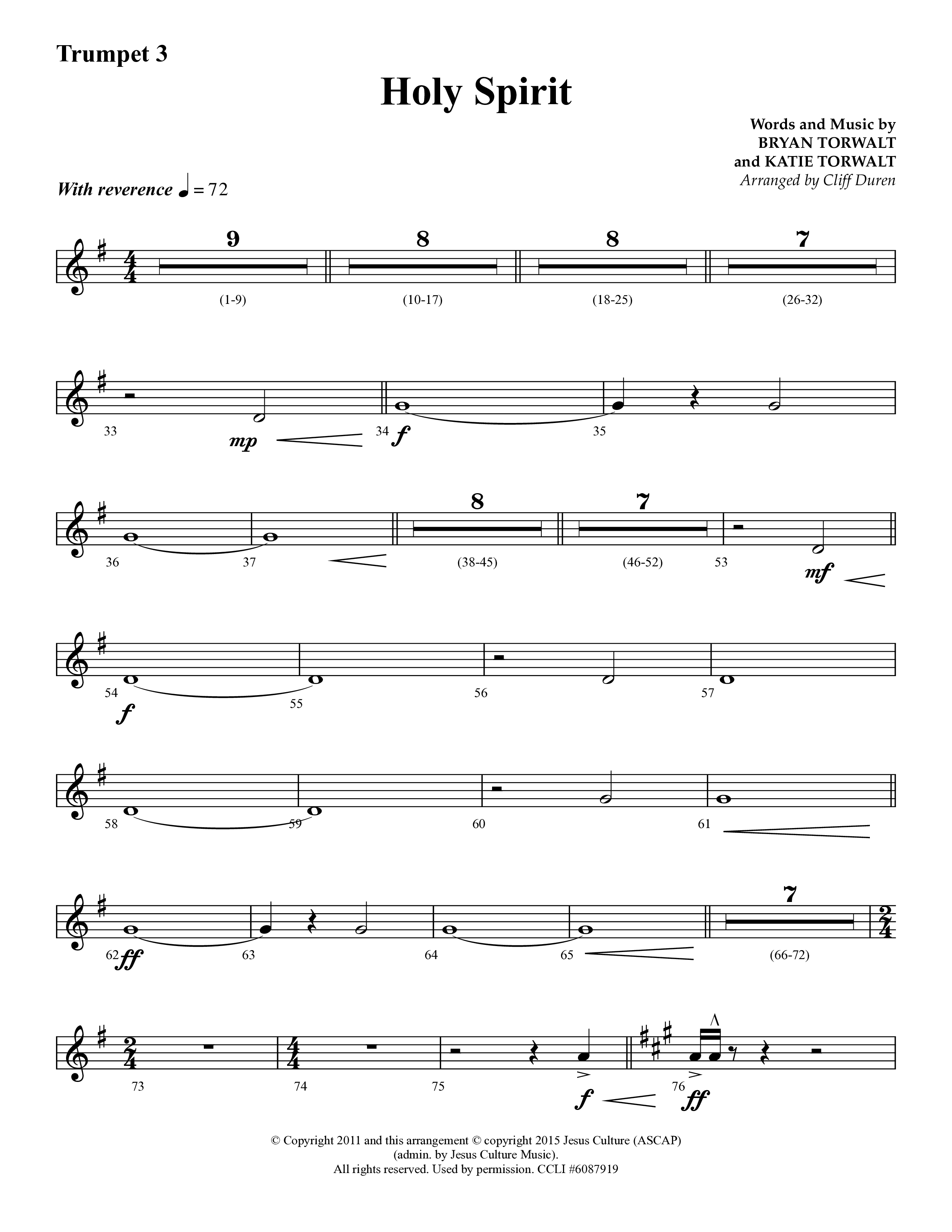 Holy Spirit  (Choral Anthem SATB) Trumpet 3 (Lifeway Choral / Arr. Cliff Duren)