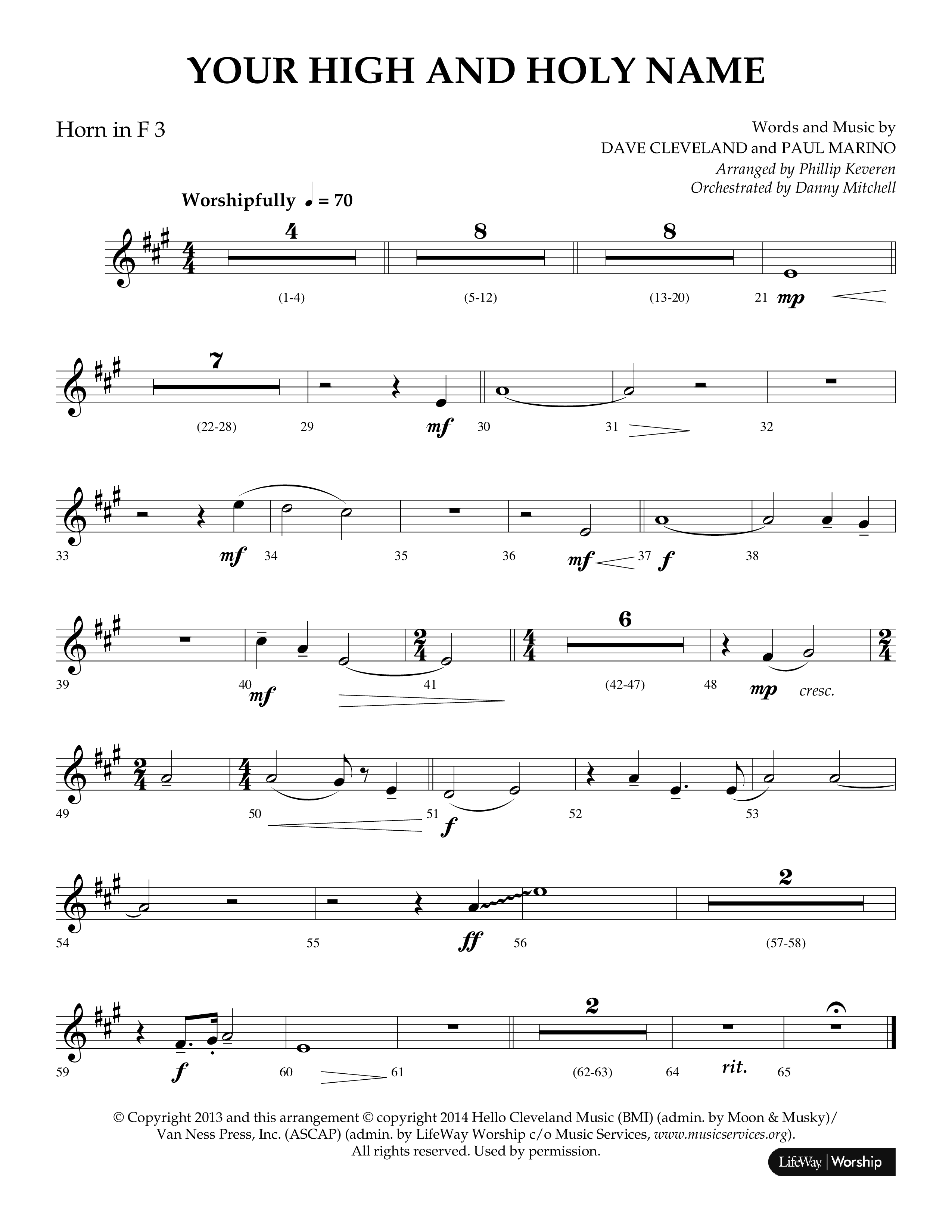 Your High And Holy Name (Choral Anthem SATB) French Horn 3 (Lifeway Choral / Arr. Phillip Keveren / Orch. Danny Mitchell)