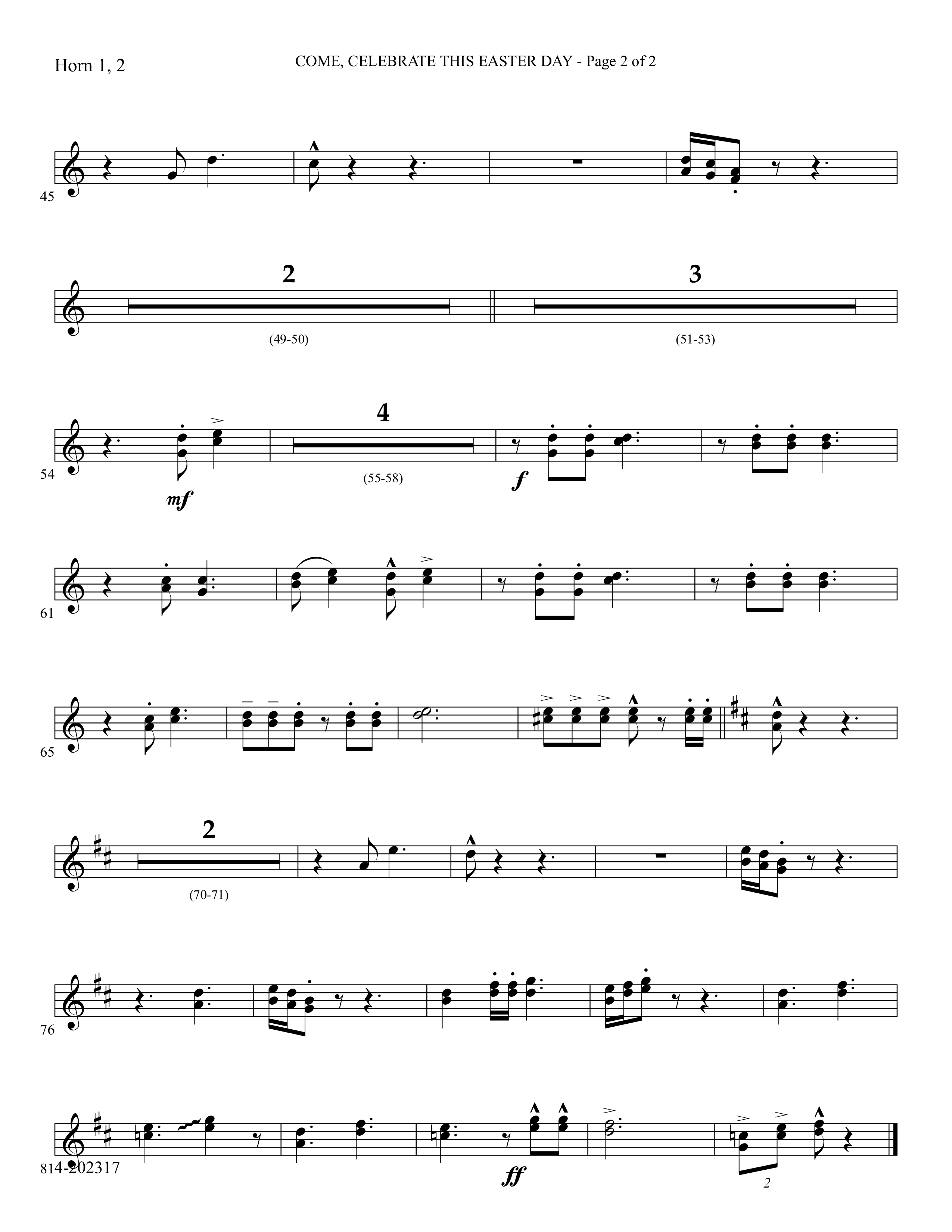 Come Celebrate This Easter Day (Choral Anthem SATB) French Horn 1/2 (Foster Music Group / Arr. Marty Parks)