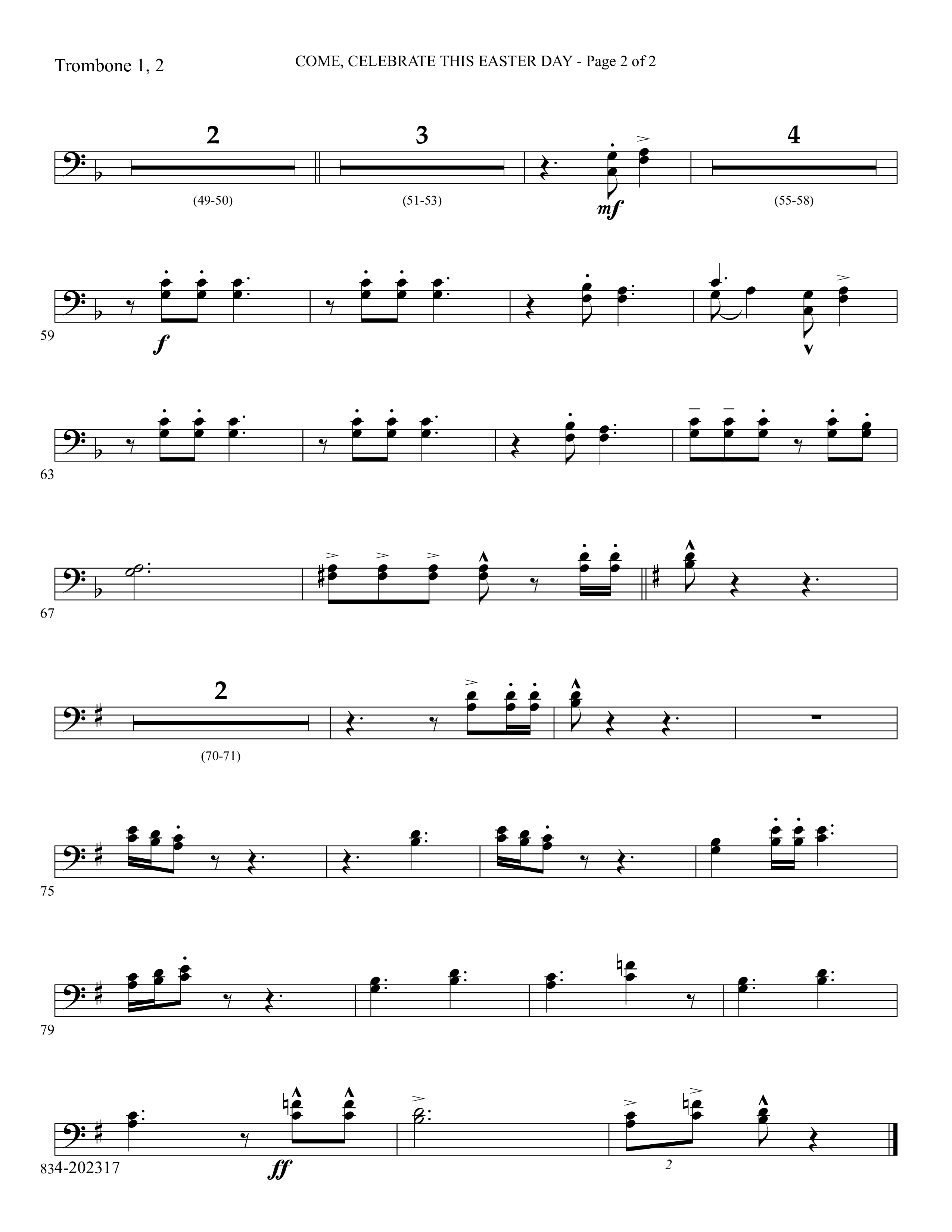 Come Celebrate This Easter Day (Choral Anthem SATB) Trombone 1/2 (Foster Music Group / Arr. Marty Parks)