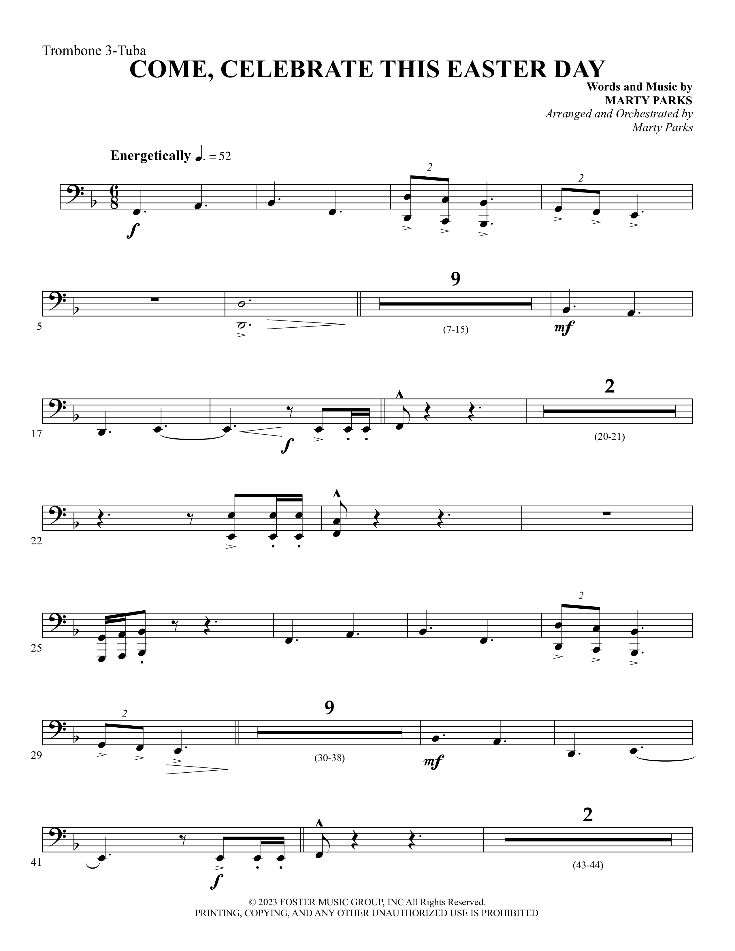 Come Celebrate This Easter Day (Choral Anthem SATB) Trombone 3/Tuba (Foster Music Group / Arr. Marty Parks)