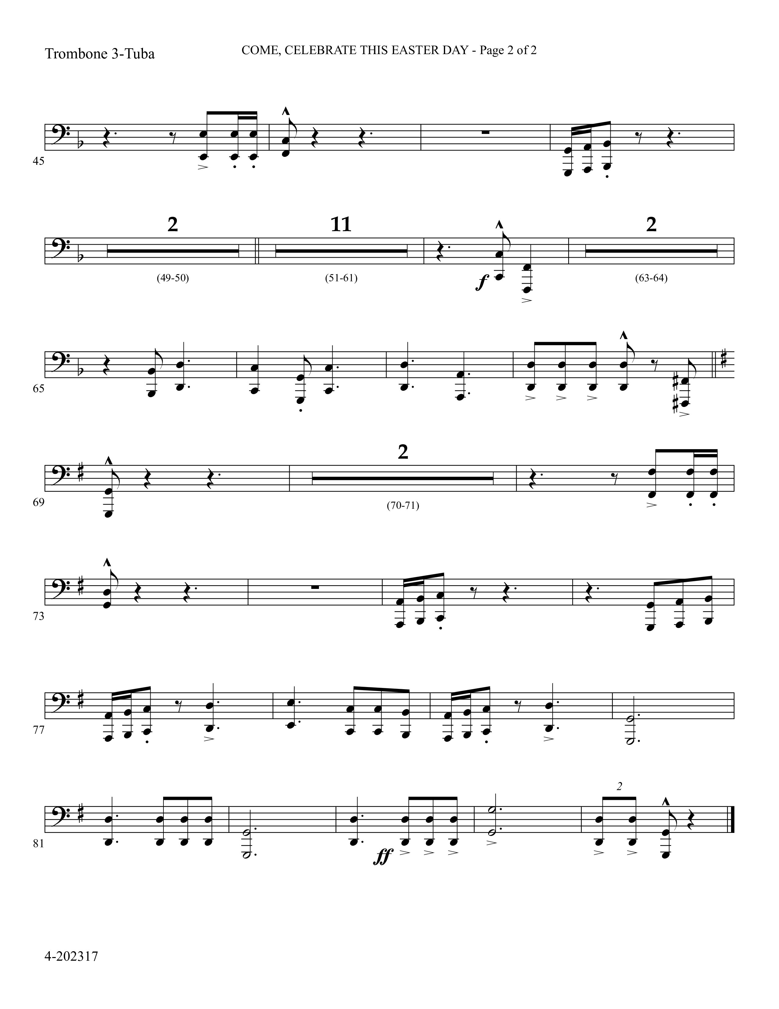 Come Celebrate This Easter Day (Choral Anthem SATB) Trombone 3/Tuba (Foster Music Group / Arr. Marty Parks)