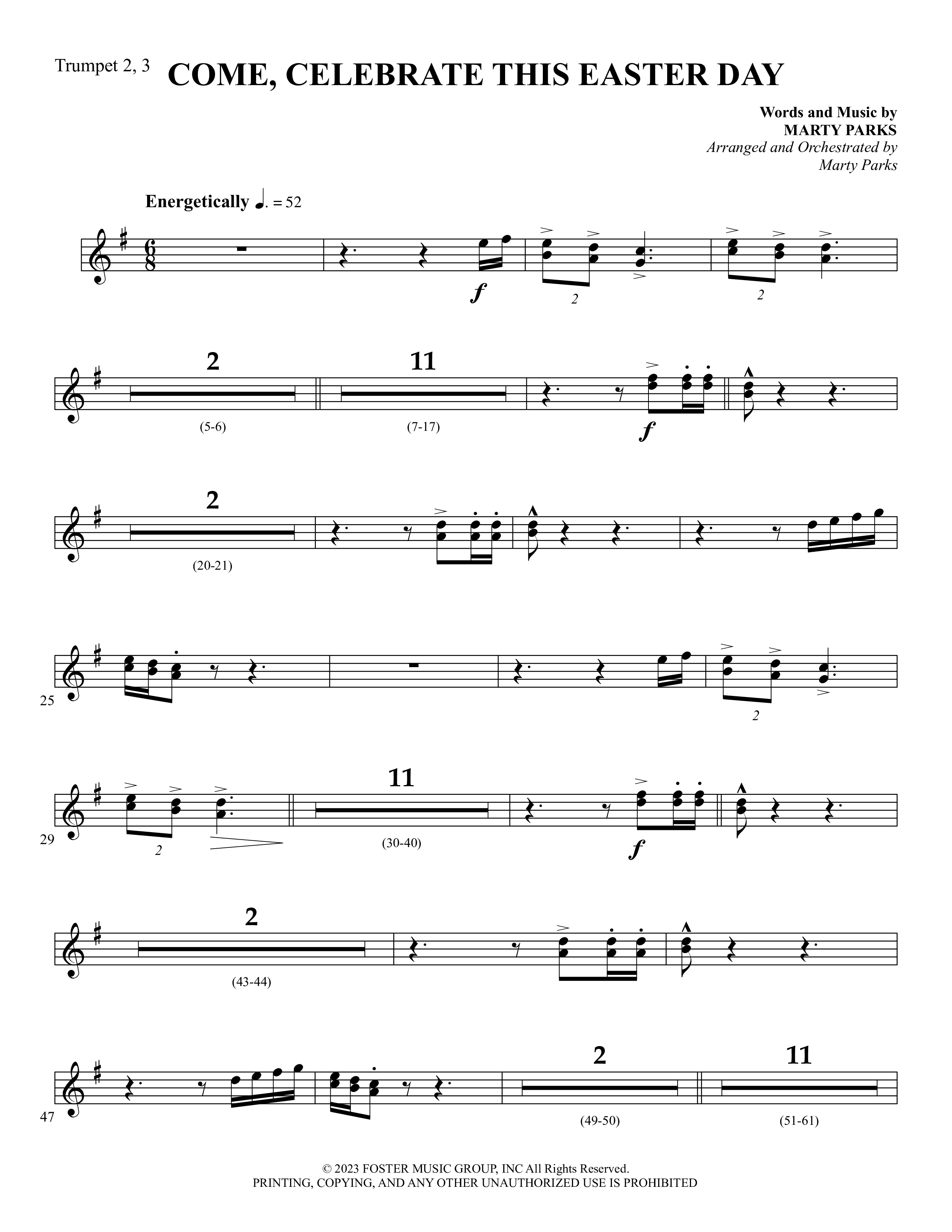 Come Celebrate This Easter Day (Choral Anthem SATB) Trumpet 2/3 (Foster Music Group / Arr. Marty Parks)