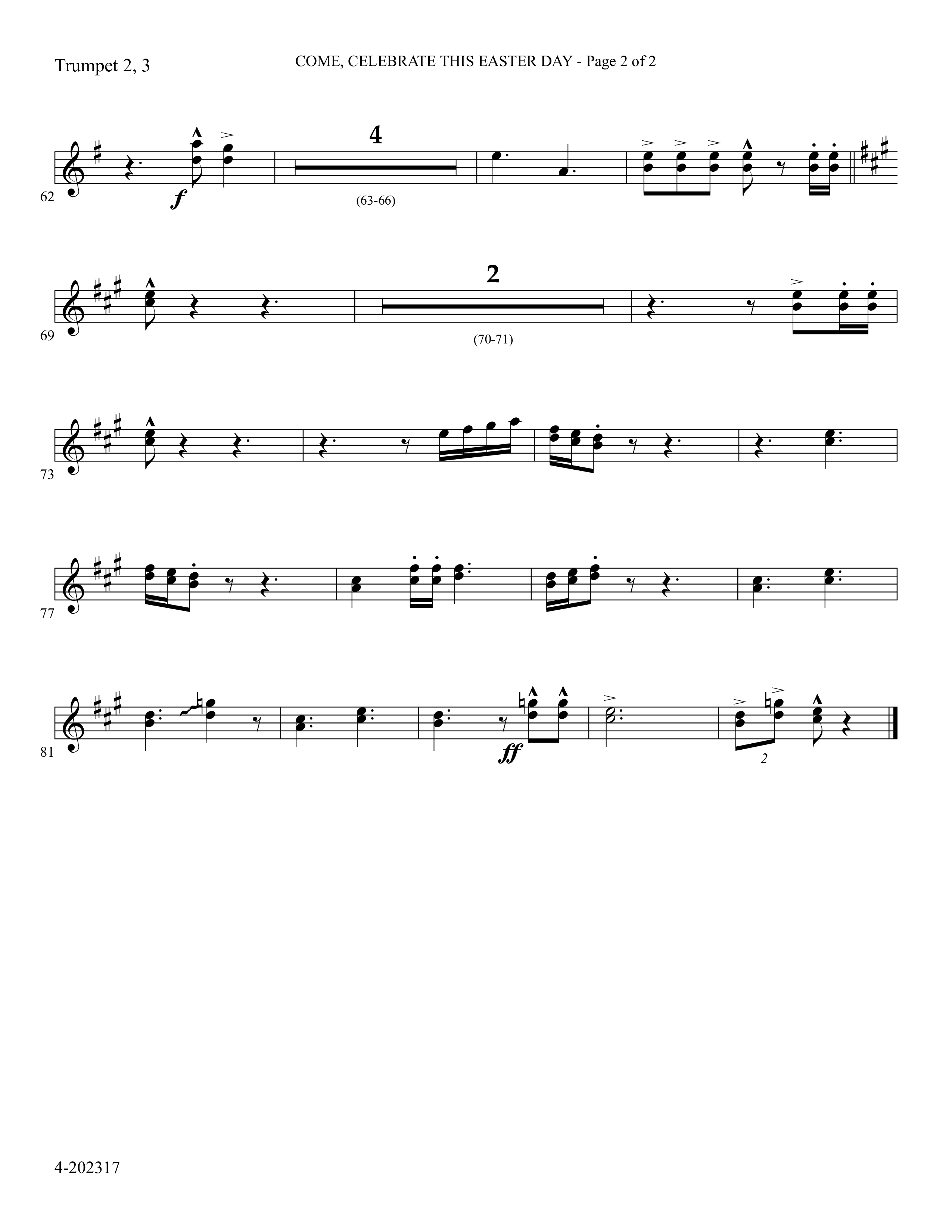 Come Celebrate This Easter Day (Choral Anthem SATB) Trumpet 2/3 (Foster Music Group / Arr. Marty Parks)