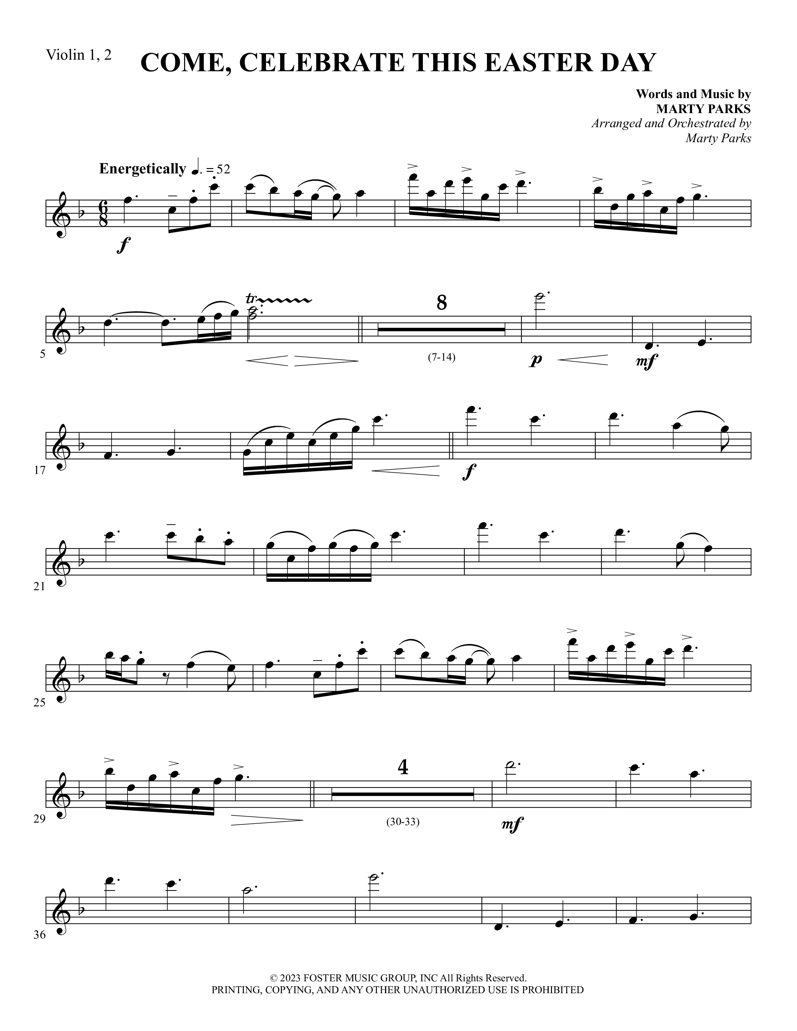 Come Celebrate This Easter Day (Choral Anthem SATB) Violin 1/2 (Foster Music Group / Arr. Marty Parks)