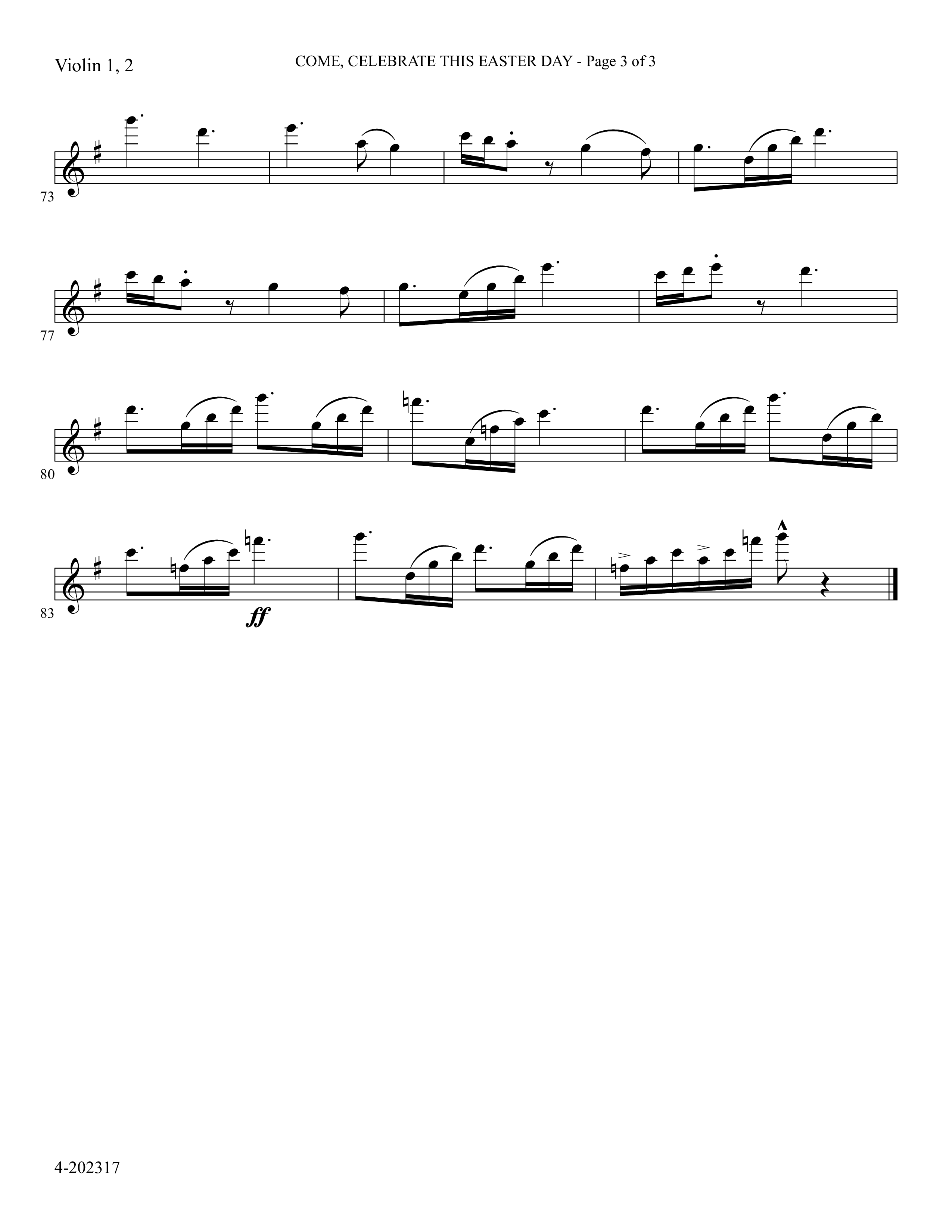 Come Celebrate This Easter Day (Choral Anthem SATB) Violin 1/2 (Foster Music Group / Arr. Marty Parks)