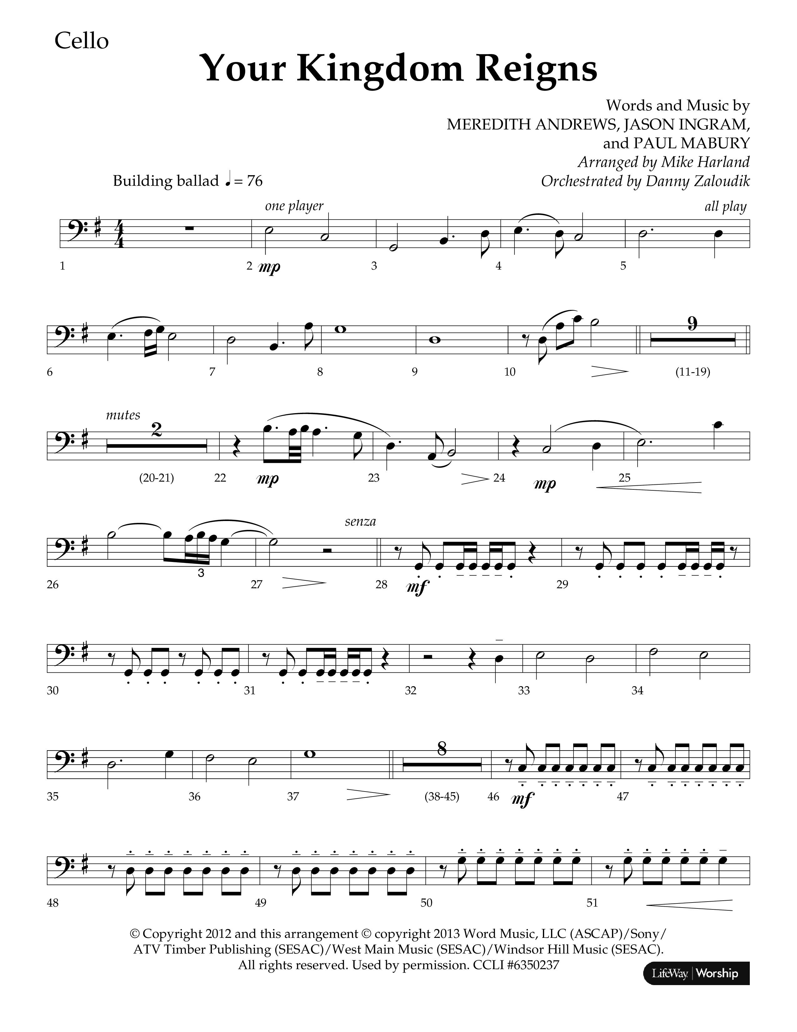 Your Kingdom Reigns (Choral Anthem SATB) Cello (Lifeway Choral / Arr. Mike Harland / Orch. Danny Zaloudik)