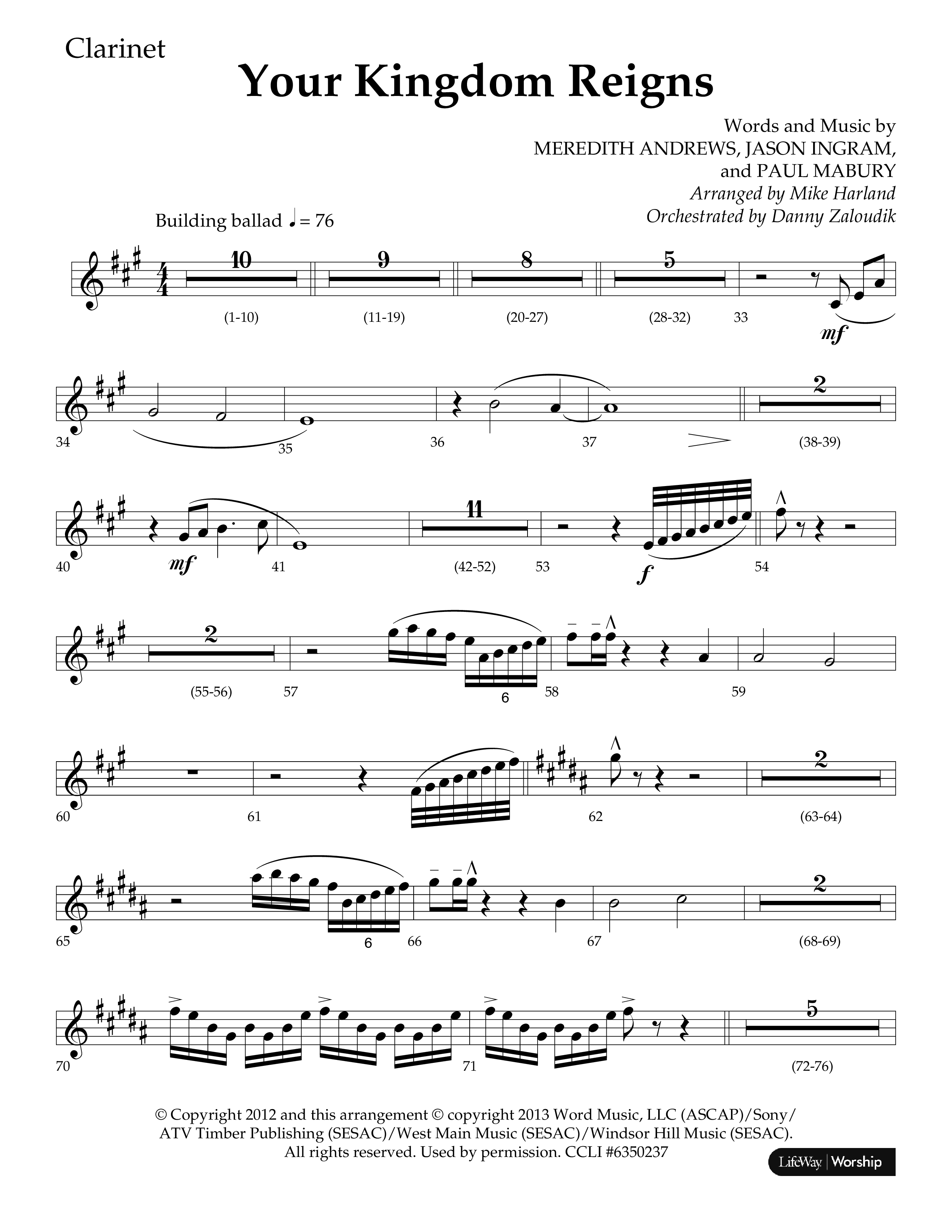 Your Kingdom Reigns (Choral Anthem SATB) Clarinet 1/2 (Lifeway Choral / Arr. Mike Harland / Orch. Danny Zaloudik)