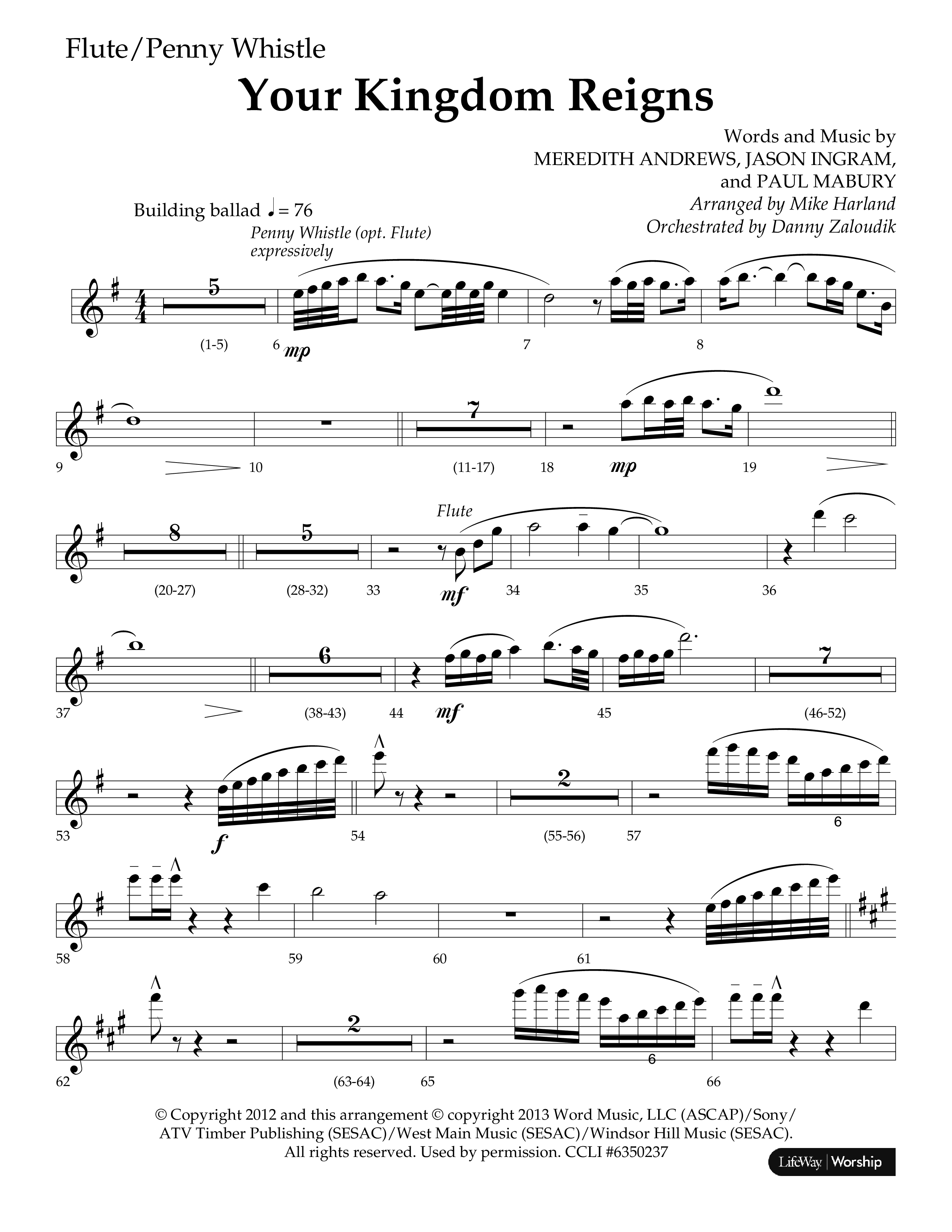 Your Kingdom Reigns (Choral Anthem SATB) Flute (Lifeway Choral / Arr. Mike Harland / Orch. Danny Zaloudik)