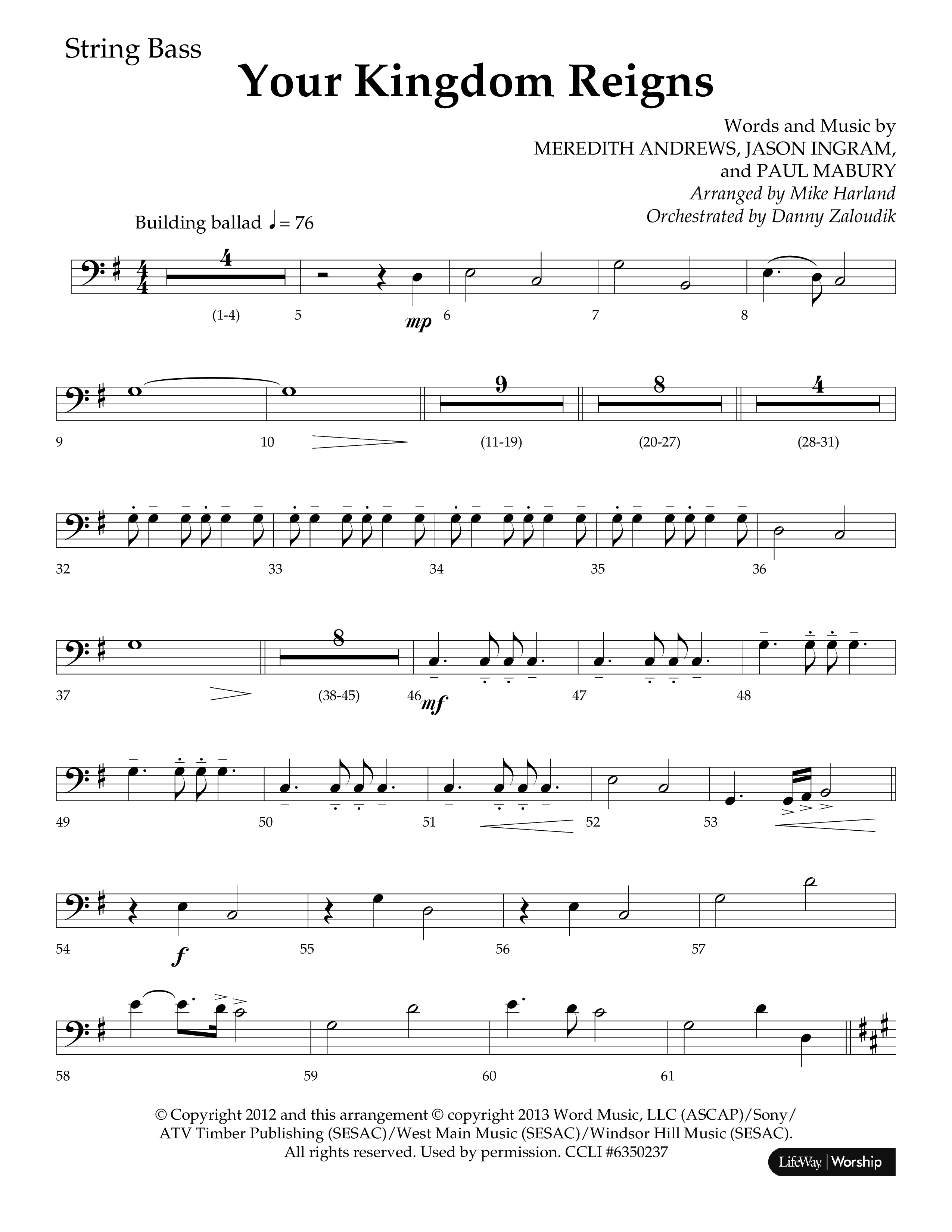 Your Kingdom Reigns (Choral Anthem SATB) String Bass (Lifeway Choral / Arr. Mike Harland / Orch. Danny Zaloudik)