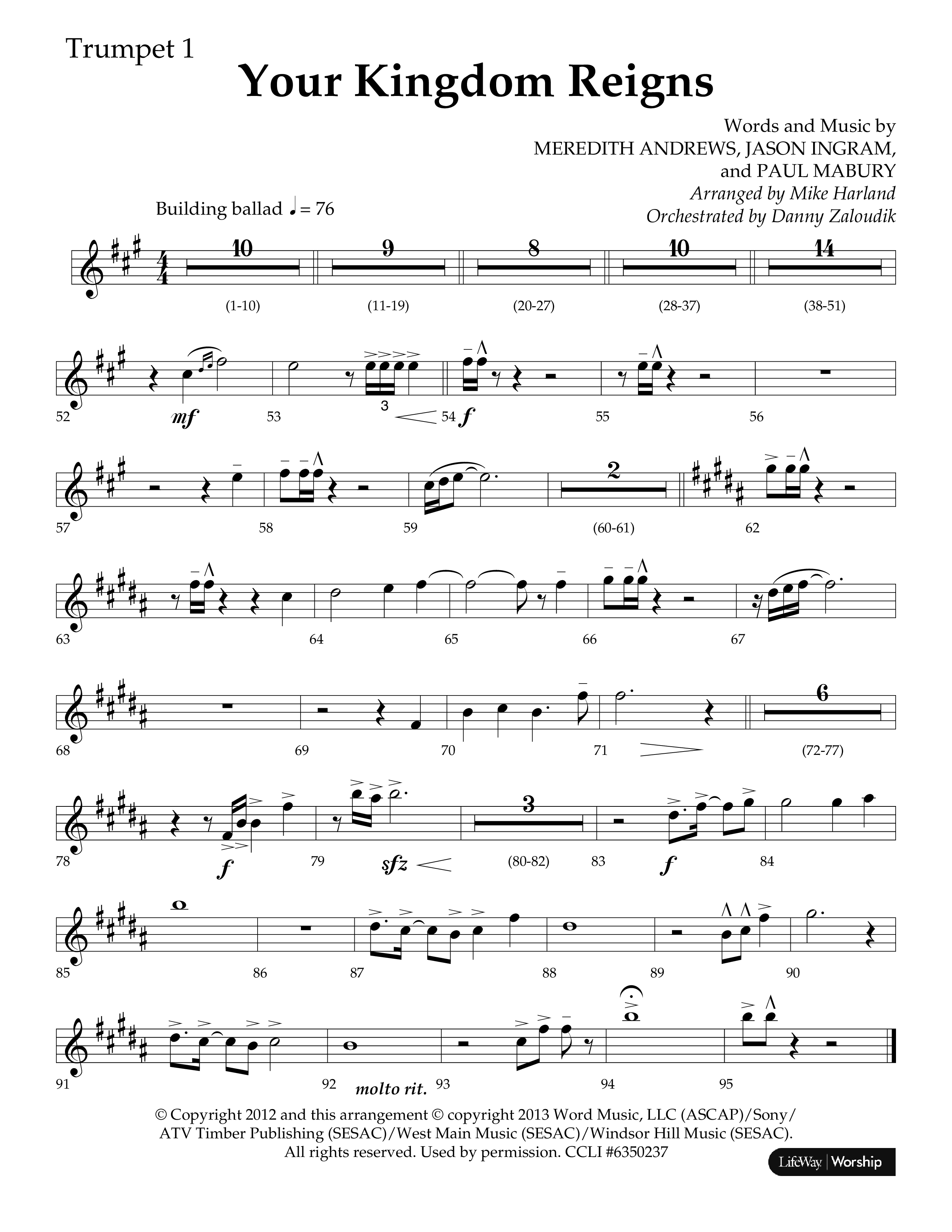 Your Kingdom Reigns (Choral Anthem SATB) Trumpet 1 (Lifeway Choral / Arr. Mike Harland / Orch. Danny Zaloudik)