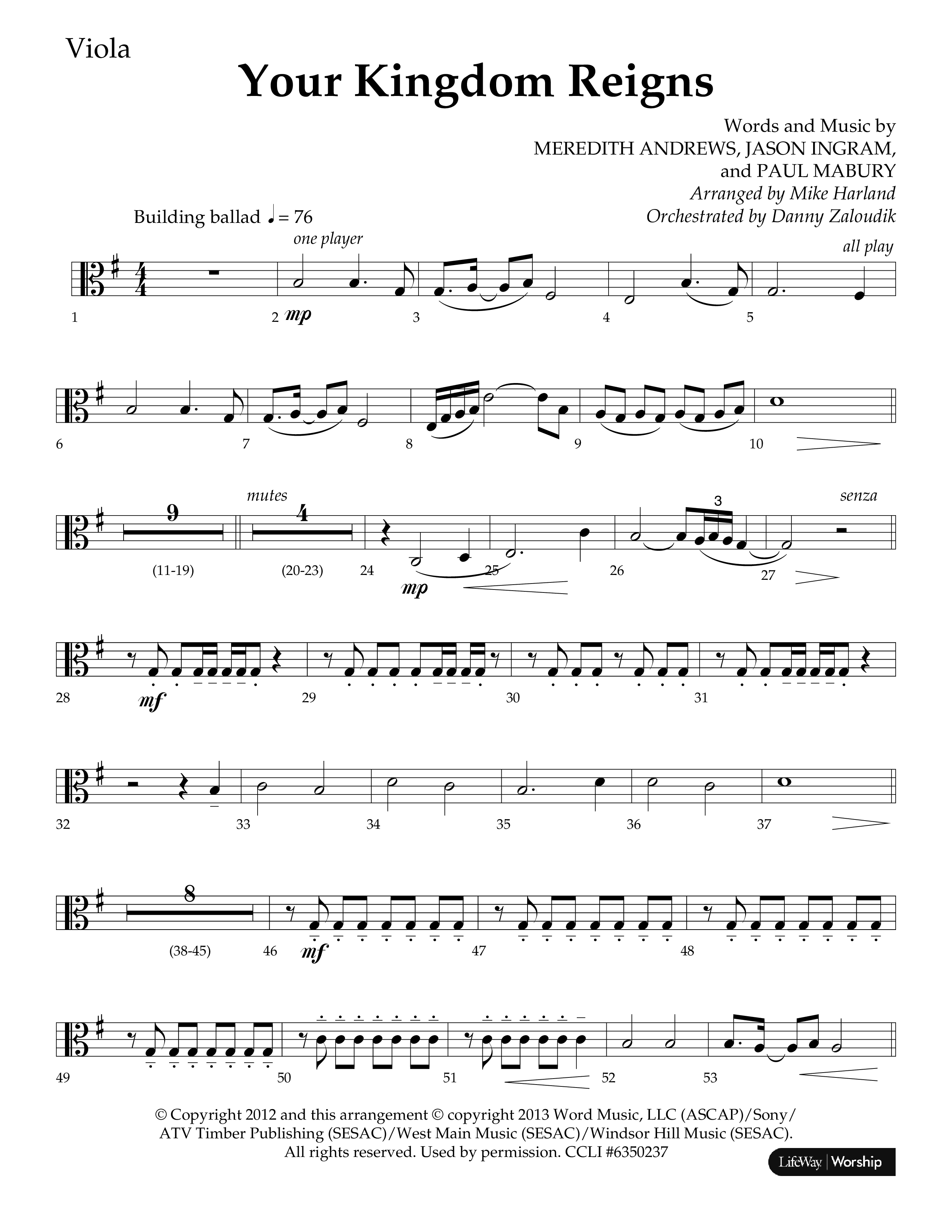 Your Kingdom Reigns (Choral Anthem SATB) Viola (Lifeway Choral / Arr. Mike Harland / Orch. Danny Zaloudik)