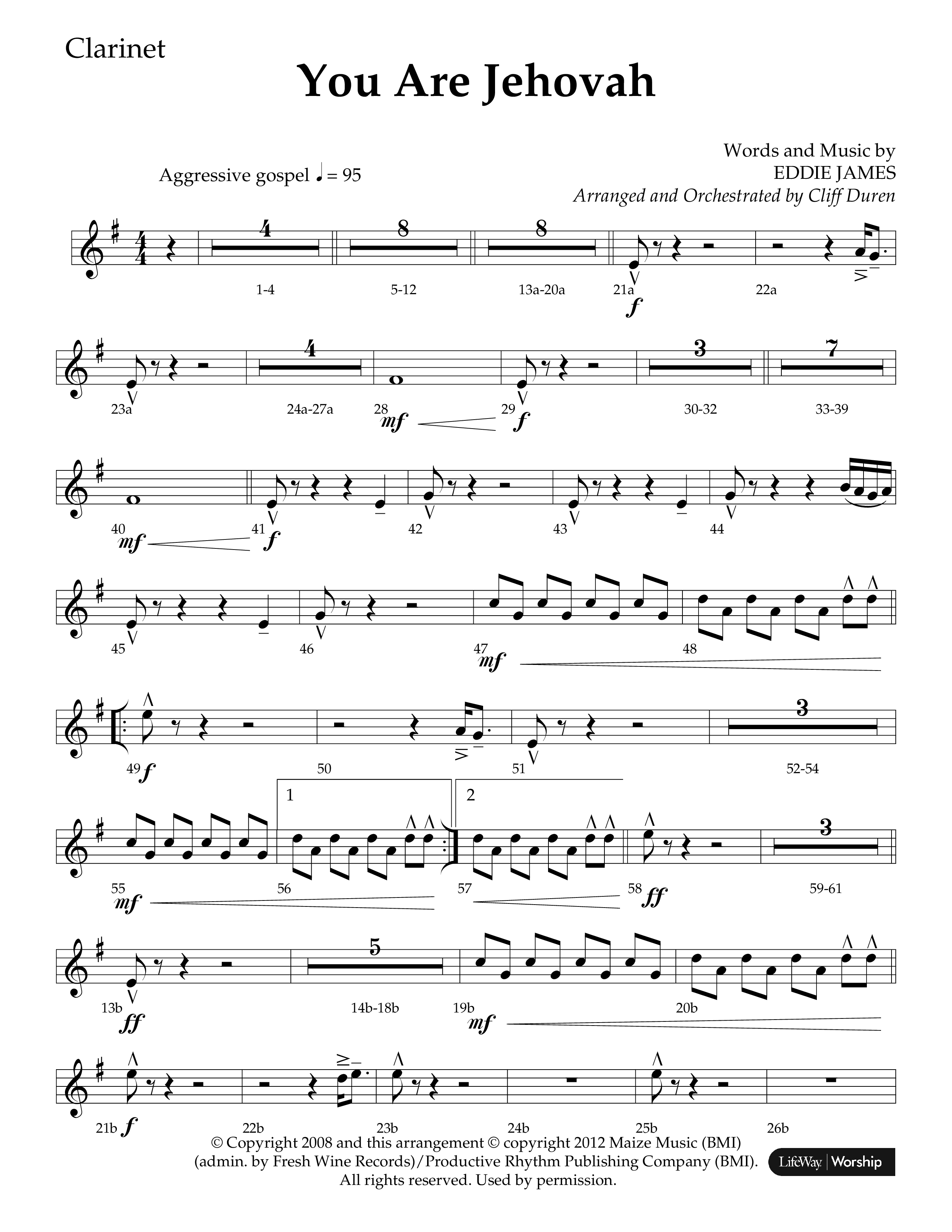 You Are Jehovah (Choral Anthem SATB) Clarinet 1/2 (Lifeway Choral / Arr. Cliff Duren)