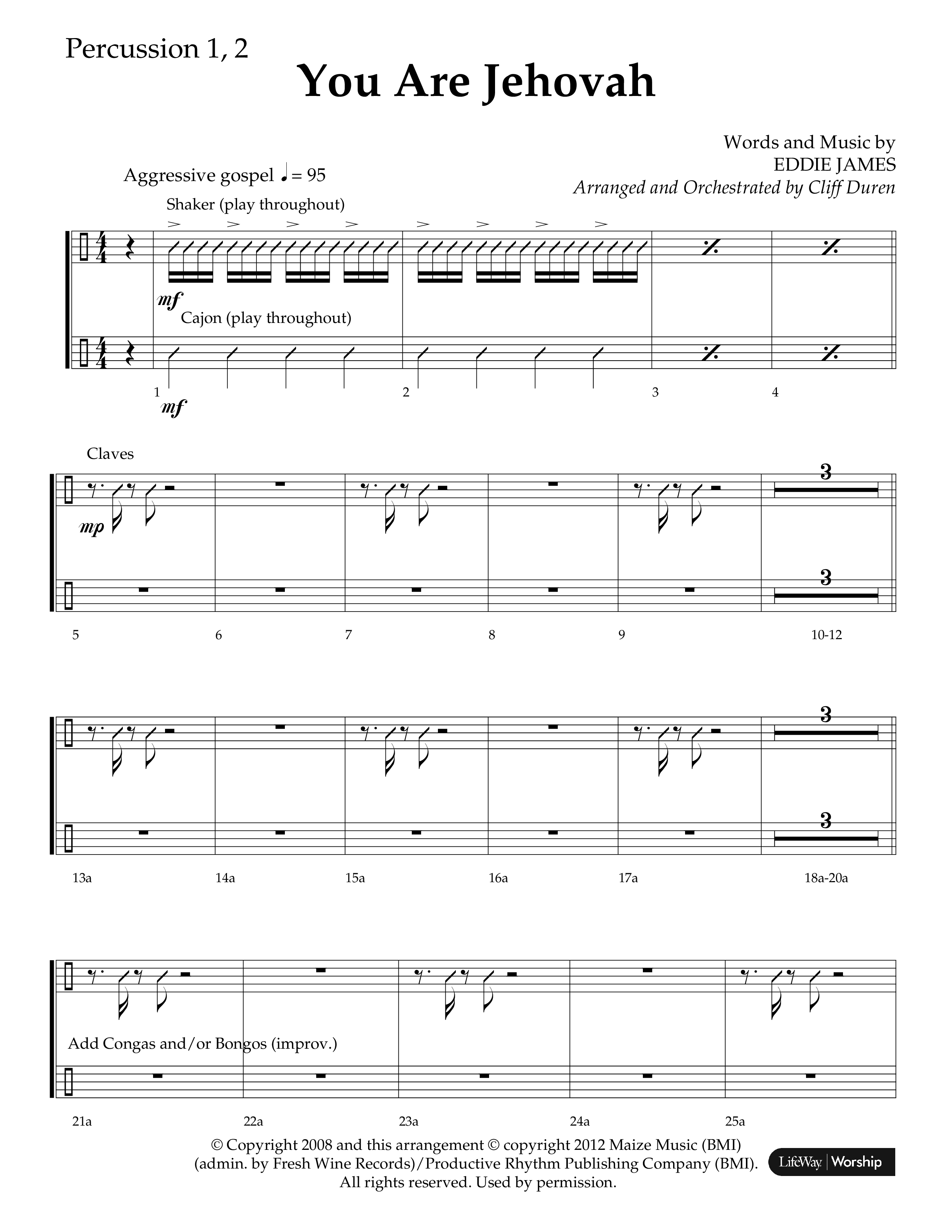 You Are Jehovah (Choral Anthem SATB) Percussion 1/2 (Lifeway Choral / Arr. Cliff Duren)