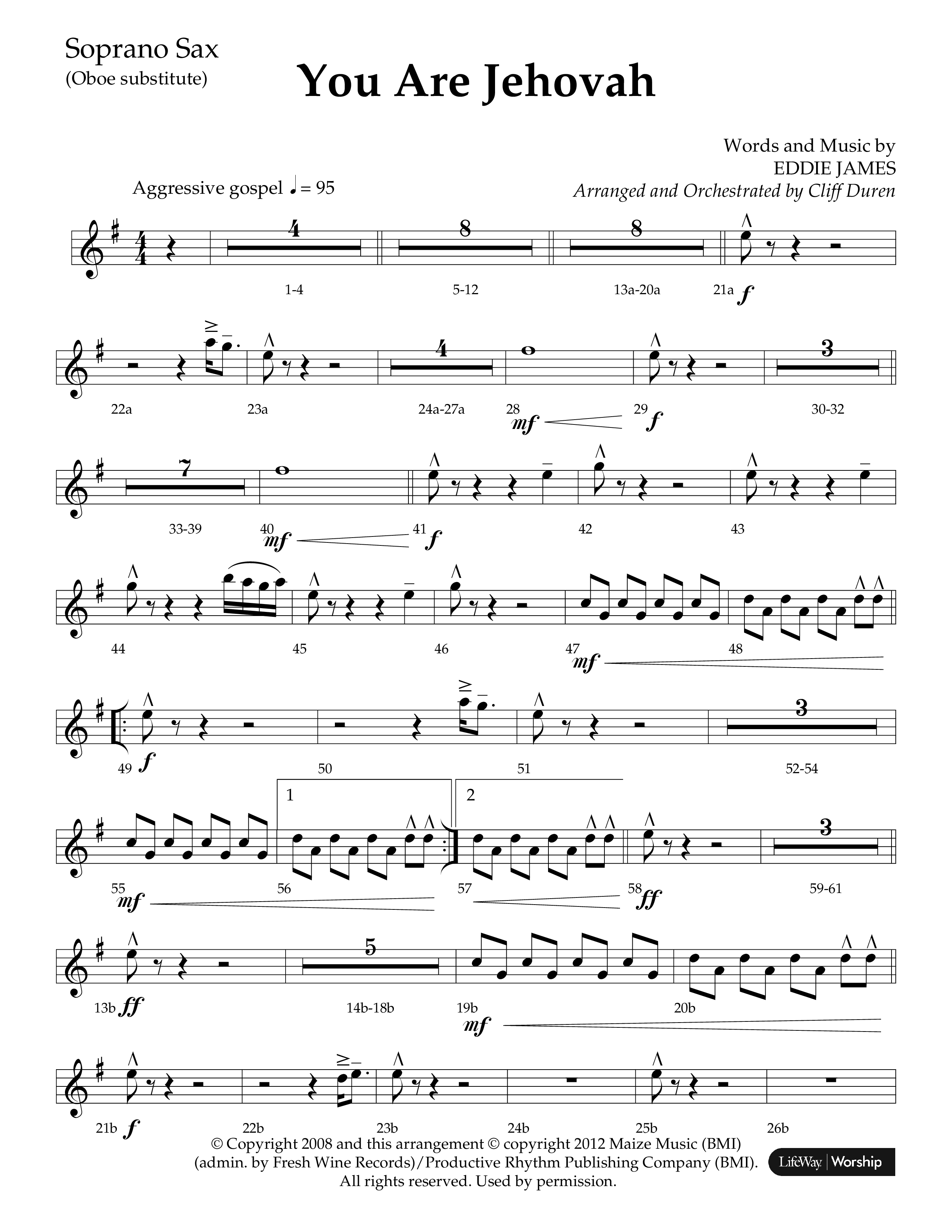 You Are Jehovah (Choral Anthem SATB) Soprano Sax (Lifeway Choral / Arr. Cliff Duren)