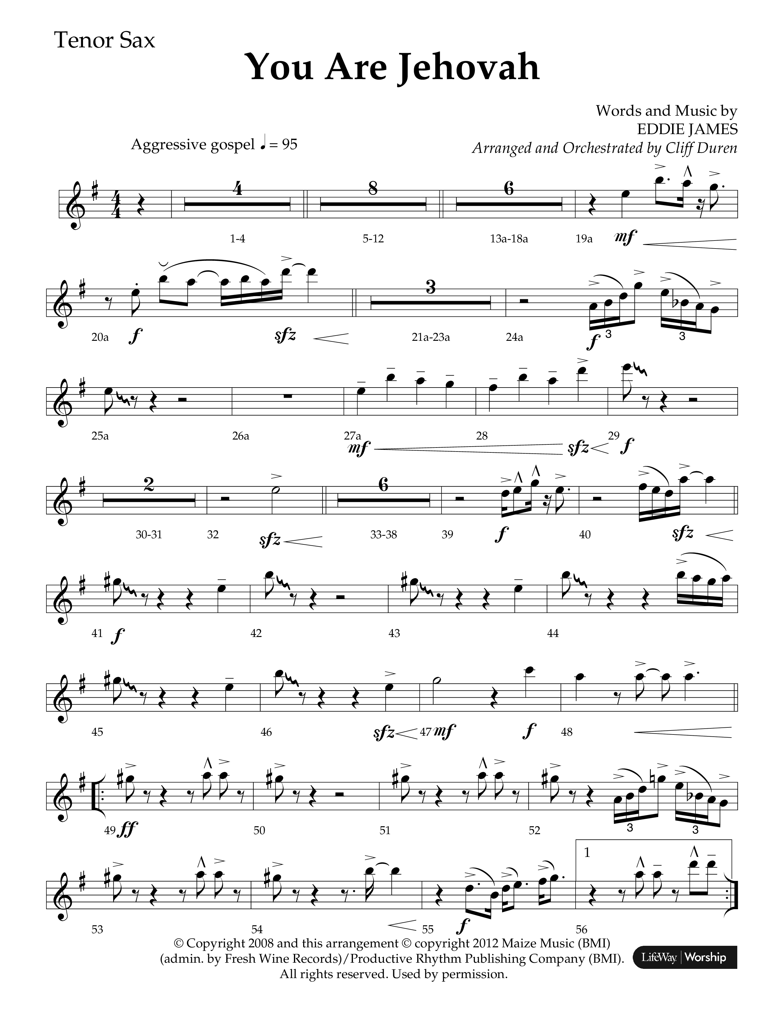 You Are Jehovah (Choral Anthem SATB) Tenor Sax 1 (Lifeway Choral / Arr. Cliff Duren)