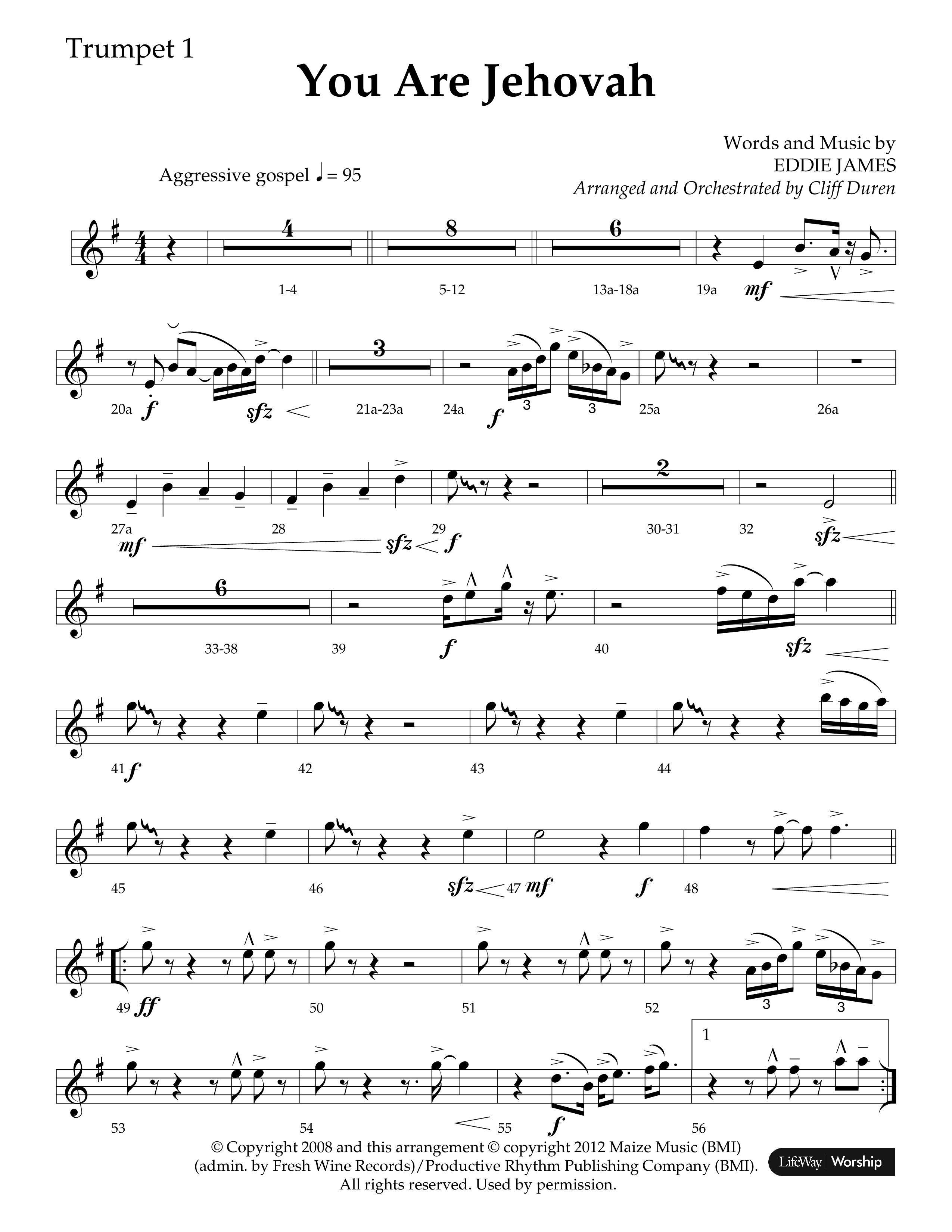 You Are Jehovah (Choral Anthem SATB) Trumpet 1 (Lifeway Choral / Arr. Cliff Duren)