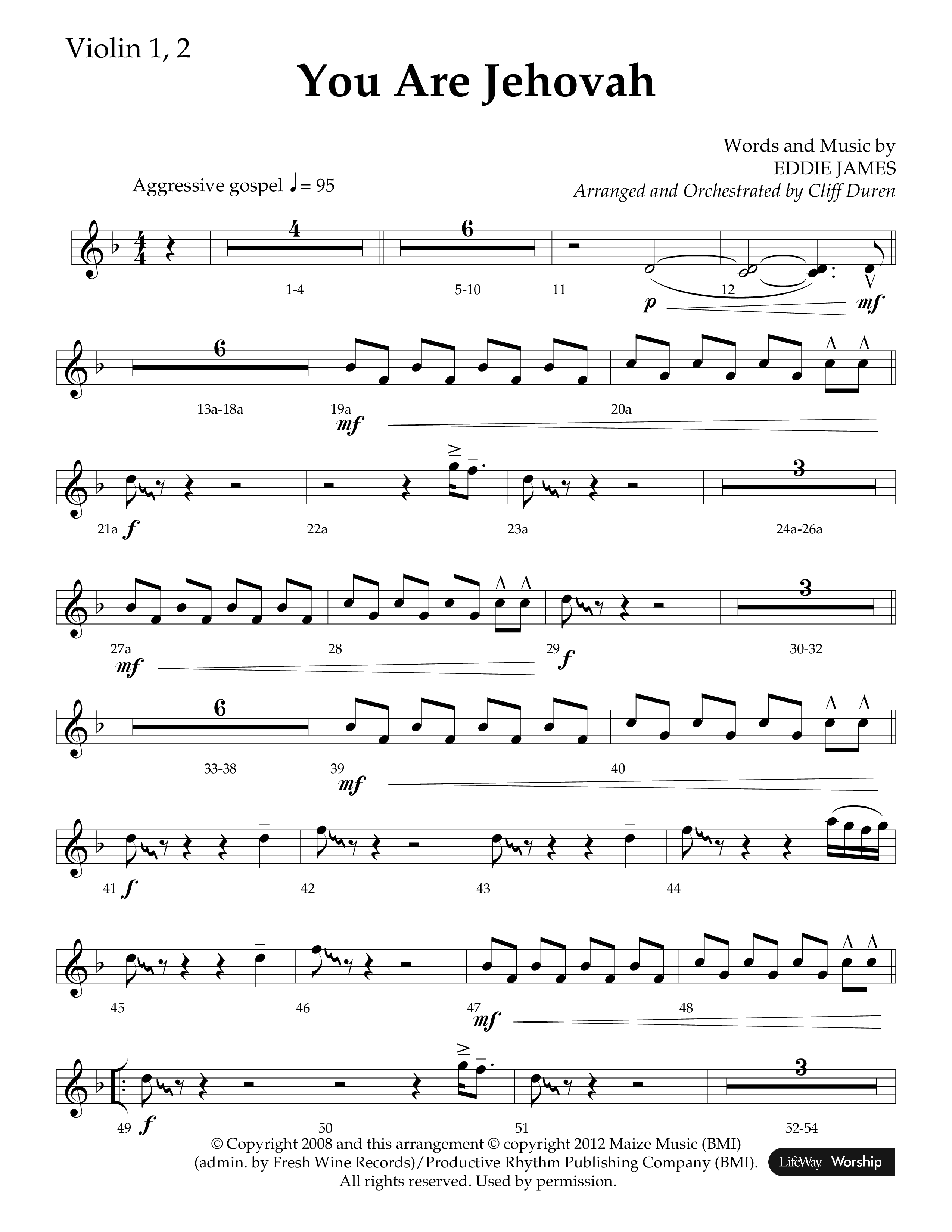 You Are Jehovah (Choral Anthem SATB) Violin 1/2 (Lifeway Choral / Arr. Cliff Duren)