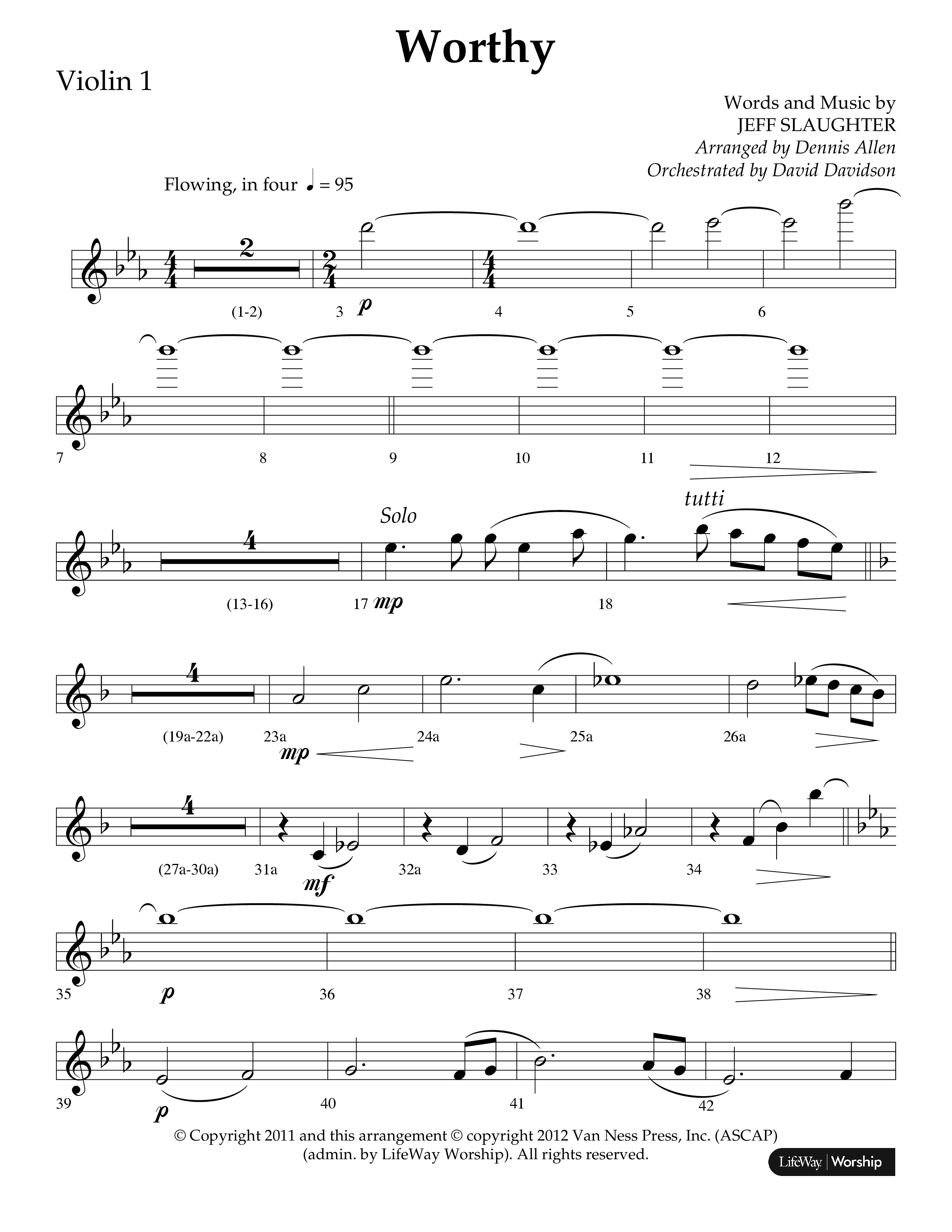Worthy (Choral Anthem SATB) Violin 1 (Lifeway Choral / Arr. Dennis Allen / Orch. David Davidson)