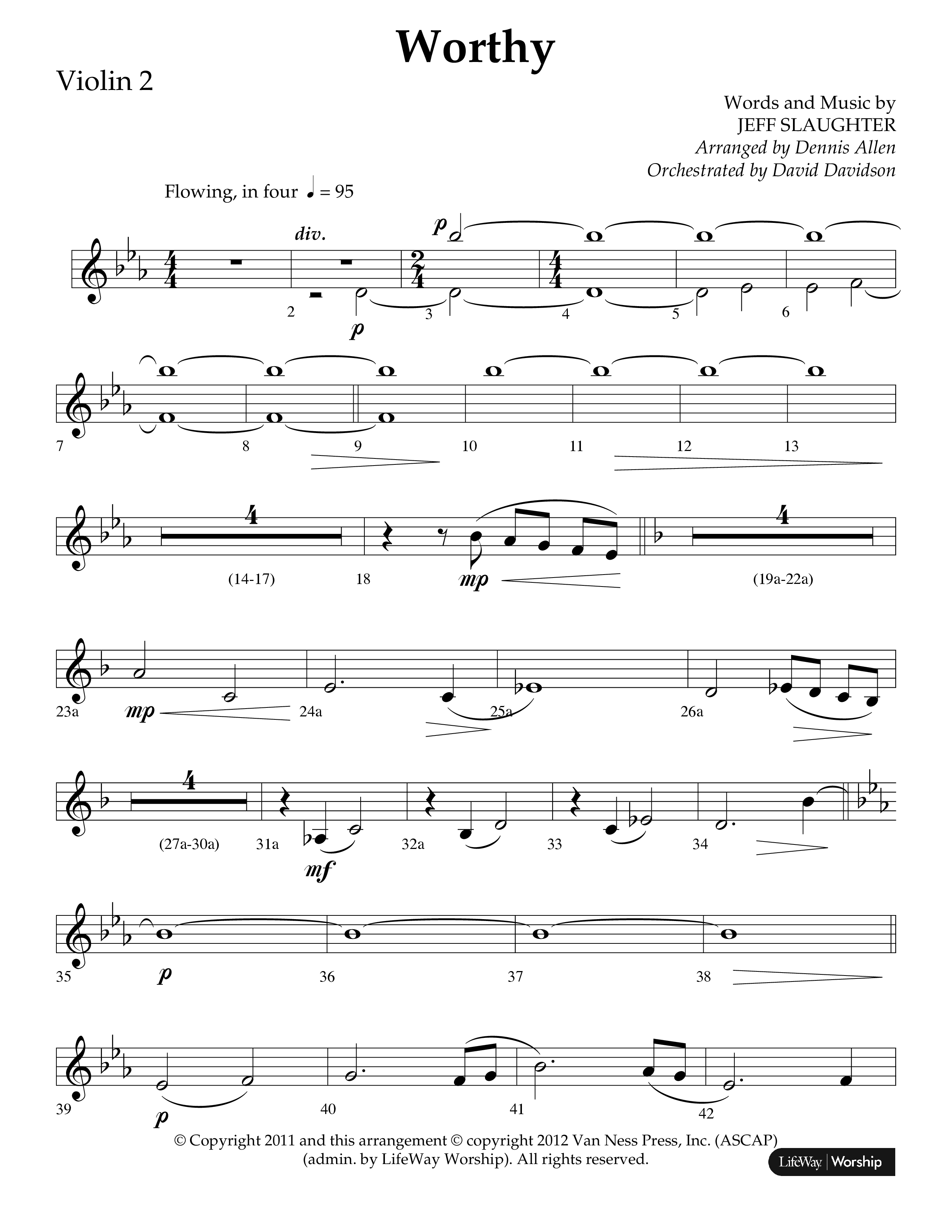 Worthy (Choral Anthem SATB) Violin 2 (Lifeway Choral / Arr. Dennis Allen / Orch. David Davidson)